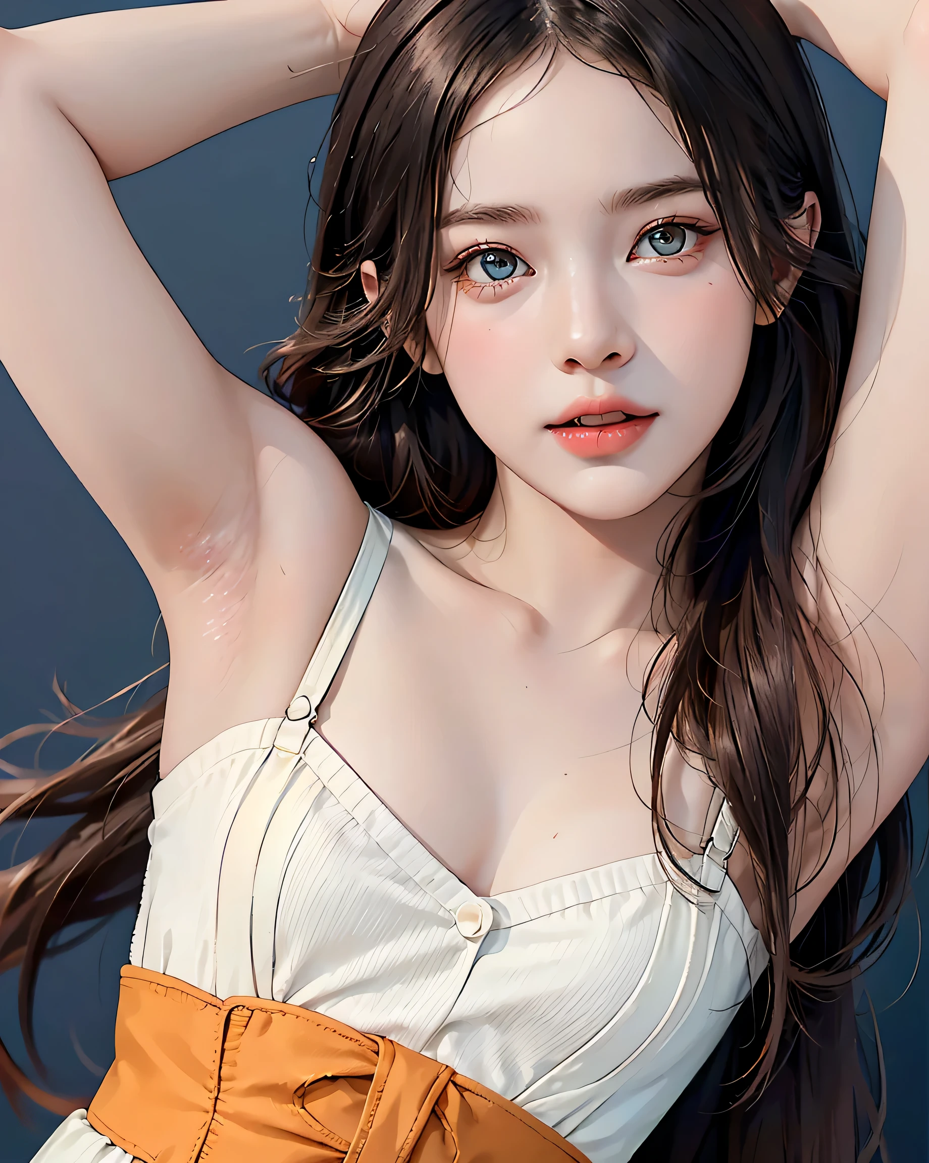 (((masterpiece))), (((highest quality: 1.4))), ((Super Detail: 1.4)) ,Gorgeous exotic features, Amber neon eyes:1.5, Orange Hair, Highly detailed facial features, Expressive Face, Detailed Texture, Blue skin tone, Tattoo, Natural Skin Shader, Volumetric, Warm shades beneath her skin, Ultra-high resolution,(panties),(((Large Breasts,Small waist)))