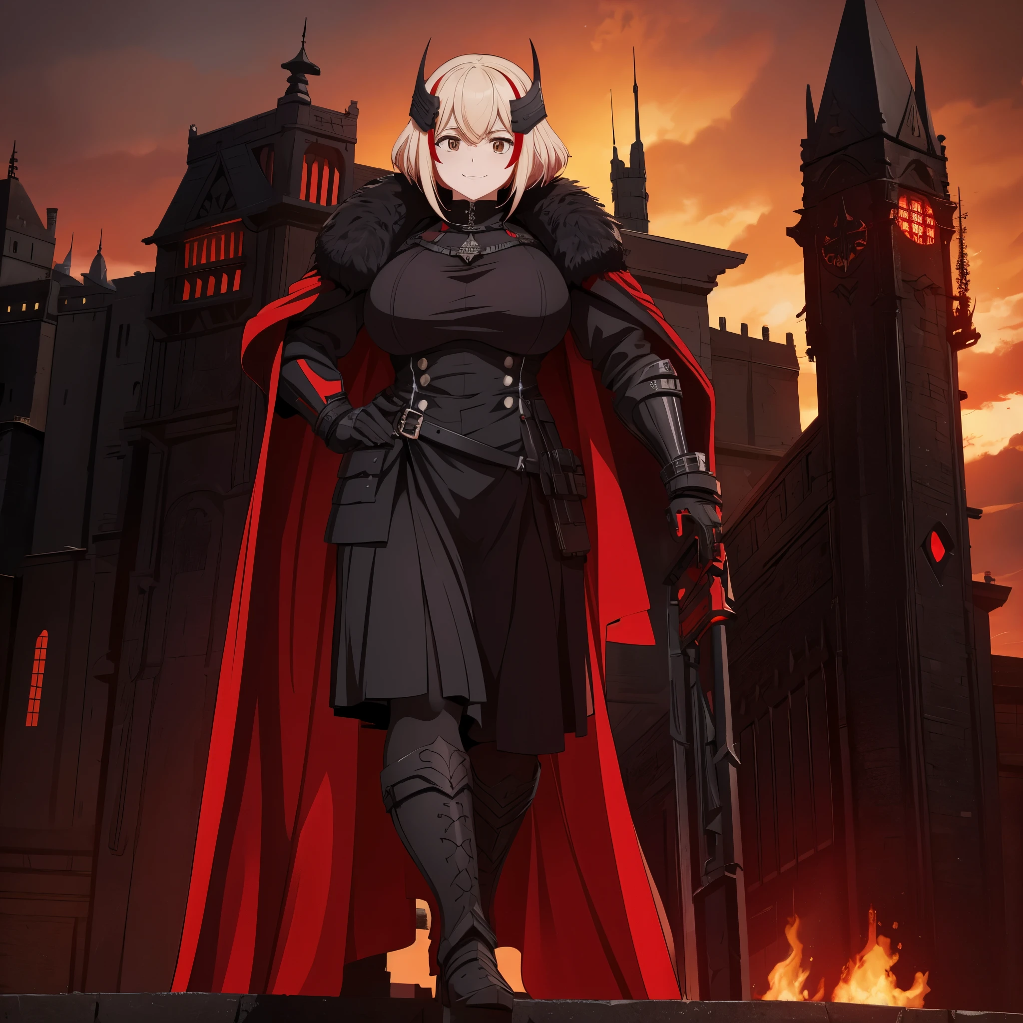 a woman wearing black heavy armor with red details, iron cross on the armor, black metal boots, black metal helm on her head, black metal bracelets, red fur coat, short blonde hair, red bangs, brown eyes, with sadistic smile, scary face, walking on a platform with a medieval castle with black structure, red sky, red sky. HDR, ultra resolution, well defined, masterpiece, 8K HD. (solo woman)