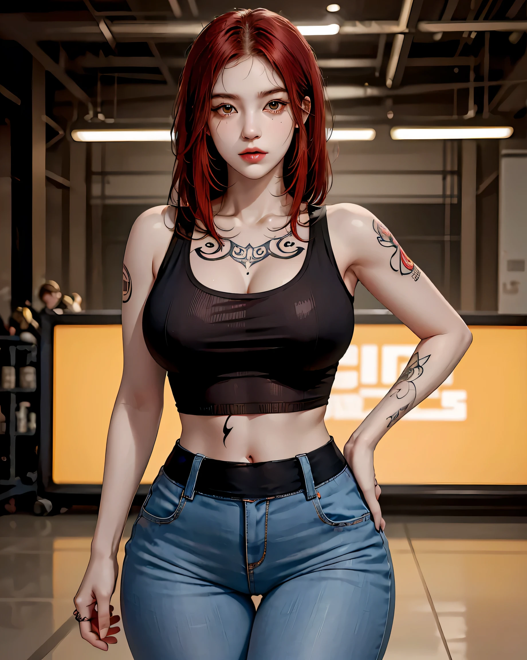 (Browsing Caution:0.7), Perfect Style, Beautiful Face, Highly detailed face and skin texture, (Maximum resolution: 1.2), 1 female,Hip Up, jewelry, (((He has many tattoos all over his body)), Streetwear, Play sports often, Redhead, panties, sneakers, (((Tight waist))), ((Big Breasts)),(See-through)
