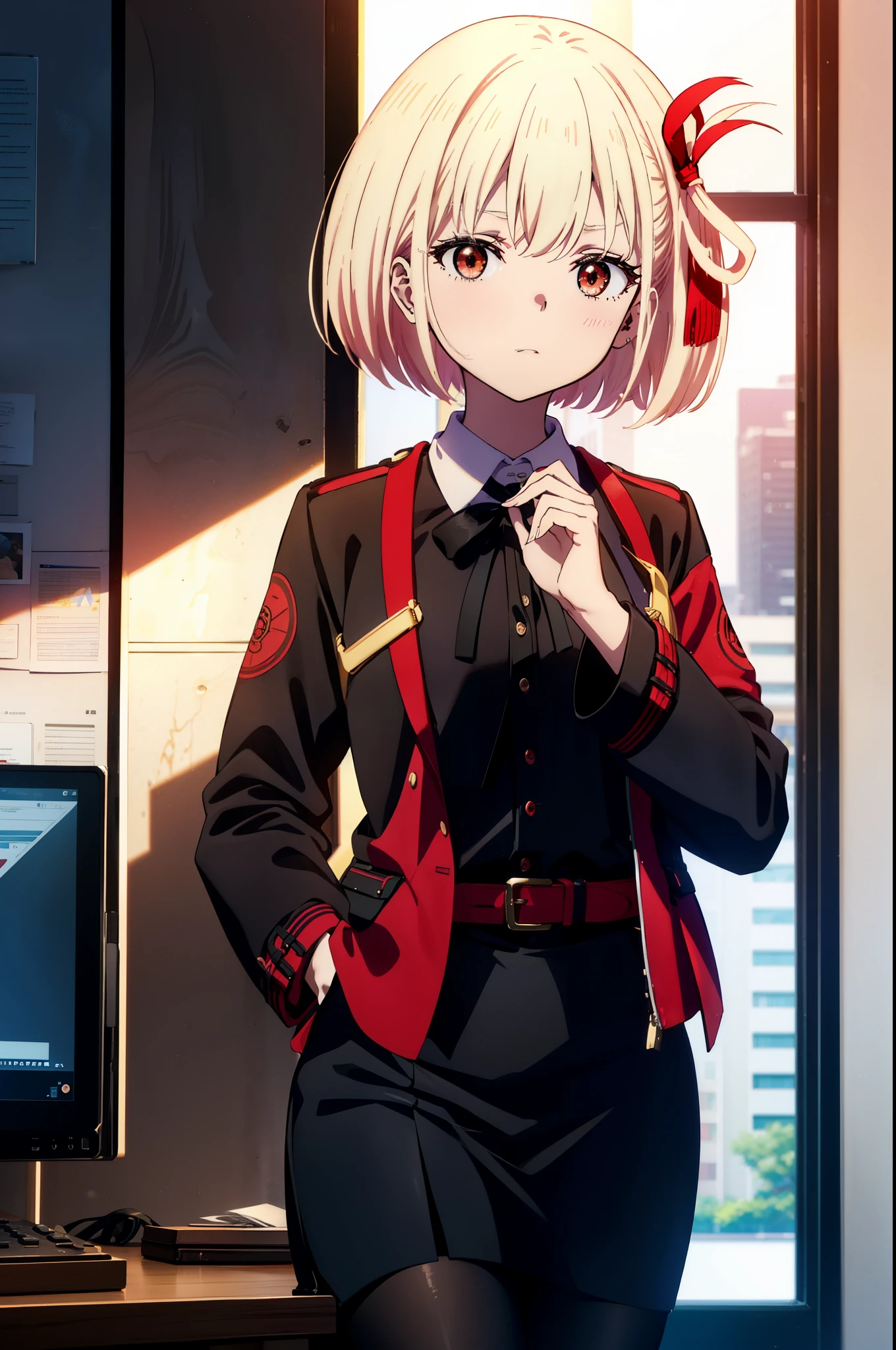 chisatonishikigi, Chisato Nishikigi, short hair, bangs, Blonde, (Red eyes:1.5), hair ribbon, One side up, Bobcut,
OL, Akagi Glasses, Black suit jacket, Collared jacket, White dress shirt, Collared shirt, Neckline, button, Black pencil skirt, Black Pantyhose,Stiletto heels,the sun is rising,sit cross-legged on a chair,interior,There is a computer on the table,touch typing,It's as if your whole body is in the illustration., break indoors,city,Area,シティストリート break looking at viewer, (Cowboy Shot:1.5), break (masterpiece:1.2), highest quality, High resolution, unity 8k wallpaper, (shape:0.8), (Beautiful details:1.6), Highly detailed face, Perfect lighting, Highly detailed CG, (Perfect hands, Perfect Anatomy),