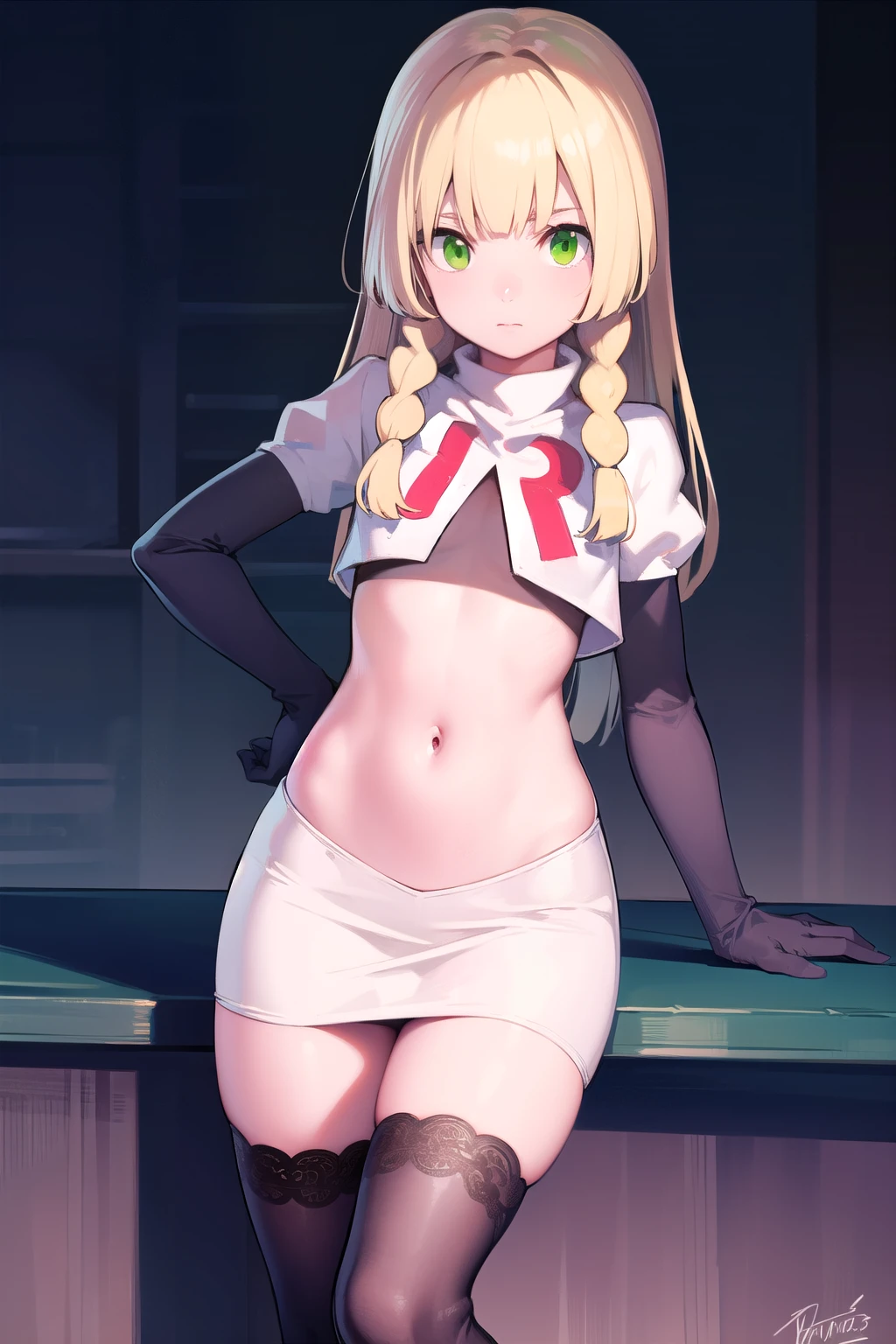 1girl、(Young Team Rocket girl gives footjob to penis)、evil grin、Messy Hair、Long blonde hair、(Forehead)、Team Rocket,Team Rocket uniform, Red letter R, White Skirt,White crop top,Black thigh-high boots, garter belt、Black elbow gloves、Plump thighs、(foot on penis)、((sexy))、1boy、boy is hero、(penis)、(amazon position)、(A man is tied up with a rope)、The man is lying on the ground、(((eject cum)))、(On the unpaved roads of the village)、((Angle looking up at panties))、((Angle from below))、Stepping on the penis、((Tying the penis with rope))、