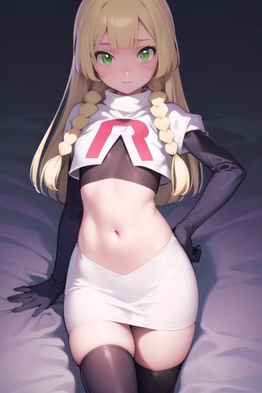 pokemonlilie, pokemonlilie, blonde hair, blunt bangs, (green eyes:1.5), long hair, (small breasts:1.2),
BREAK braid, twin braids, team rocket,team rocket uniform,white skirt,red letter R,crop top,black thigh-highs,black elbow gloves
BREAK looking at viewer,
BREAK (masterpiece:1.2), best quality, high resolution, unity 8k wallpaper, (illustration:0.8), (beautiful detailed eyes:1.6), extremely detailed face, perfect lighting, extremely detailed CG, (perfect hands, perfect anatomy),