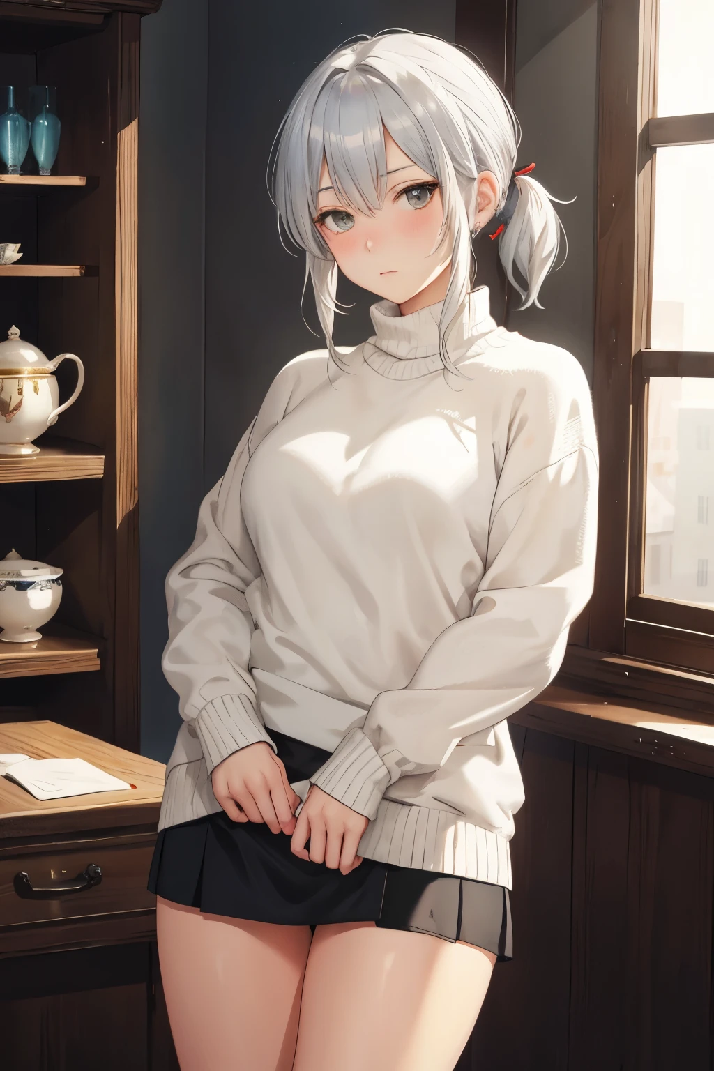 short ponytail, silver hair, unconscious, tsundere, Carl Larsson, tachi-e, cowboy shot, f/1.2, overexposure, anatomically correct, masterpiece, super detail,sweater、mini skirt