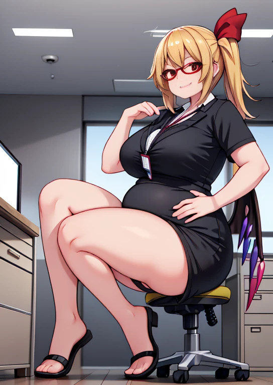 (masterpiece, best quality, highly detailed), 1girls, big belly, huge belly, art by kipteitei, round belly, chubby, curvy, belly grab, enormous belly, fat belly, thicc, bigger belly, really big belly, jiggly belly, glasses, ((((((office lady)))))), smug face, sitting, ((full body)), long hair, ((dominant)), (giantess), Flandre scarlet