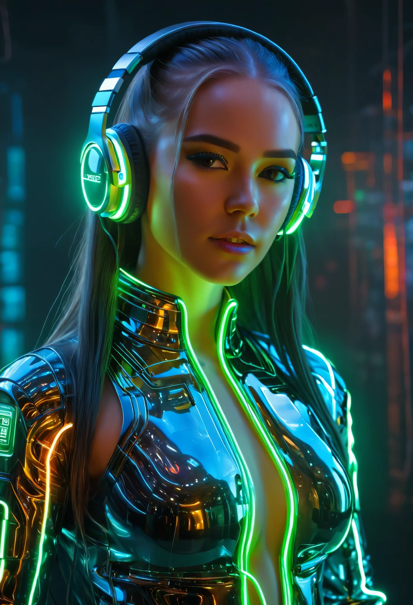 Photo of a woman wearing colorful technology suit, in a blingbling style, shining/smooth, Accurate and realistic, Hard surface modeling, precisionist lines, project/construction and design， Luminous headphones, Luminous hair accessories, long hair, Luminous earrings, glow necklace, cyberpunk,transparent clothes，  Motion blurred， Movie-level lighting effects，close up，detailed face，