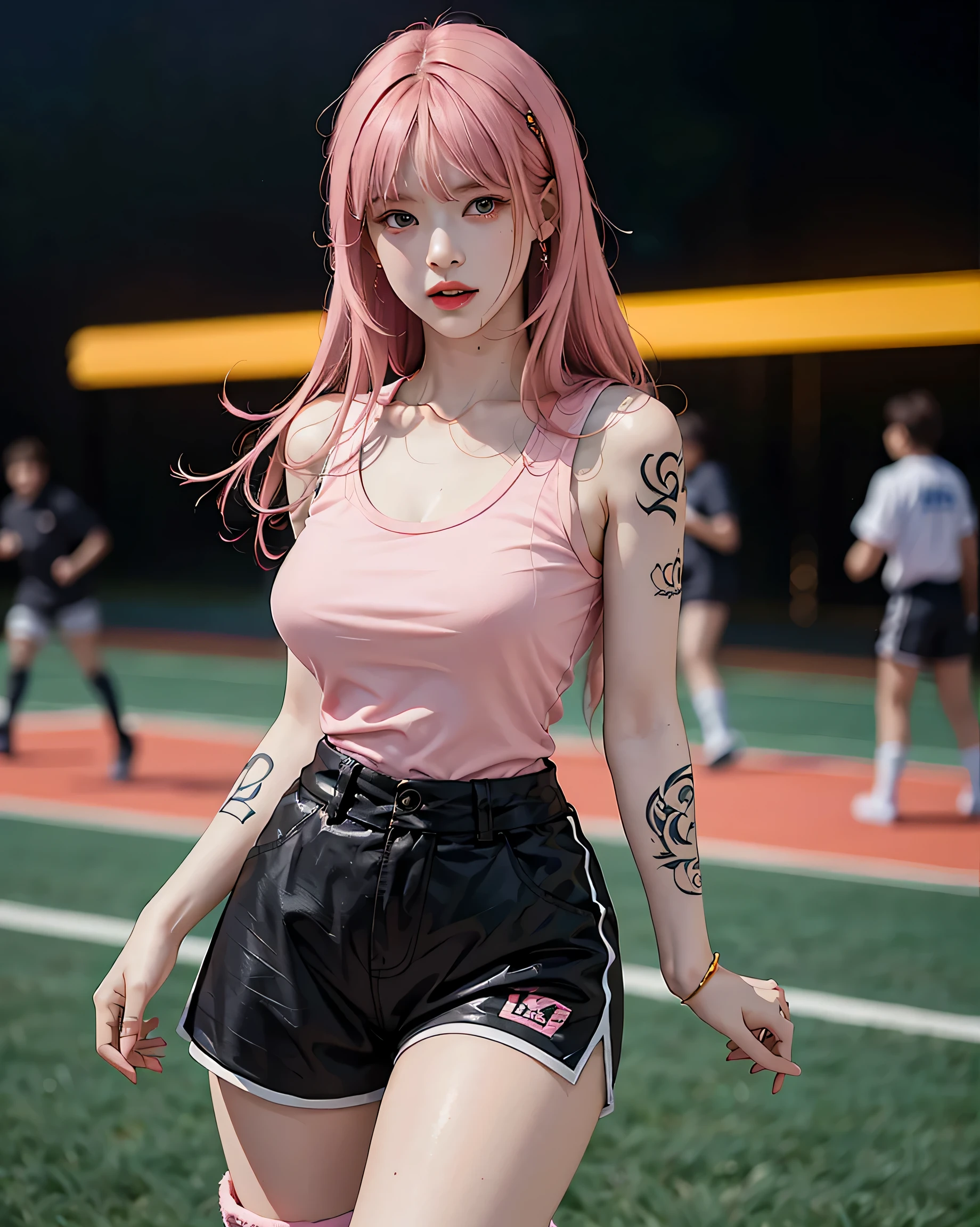 Perfect Style, Beautiful Face, Highly detailed face and skin texture, (Maximum resolution: 1.2), 1 female, alone, Hip Up, jewelry, (((tattoo)), Streetwear, Play sports often, Pink Hair, Shorts, sports boots, (((Tight waist))), ((Big Breasts))