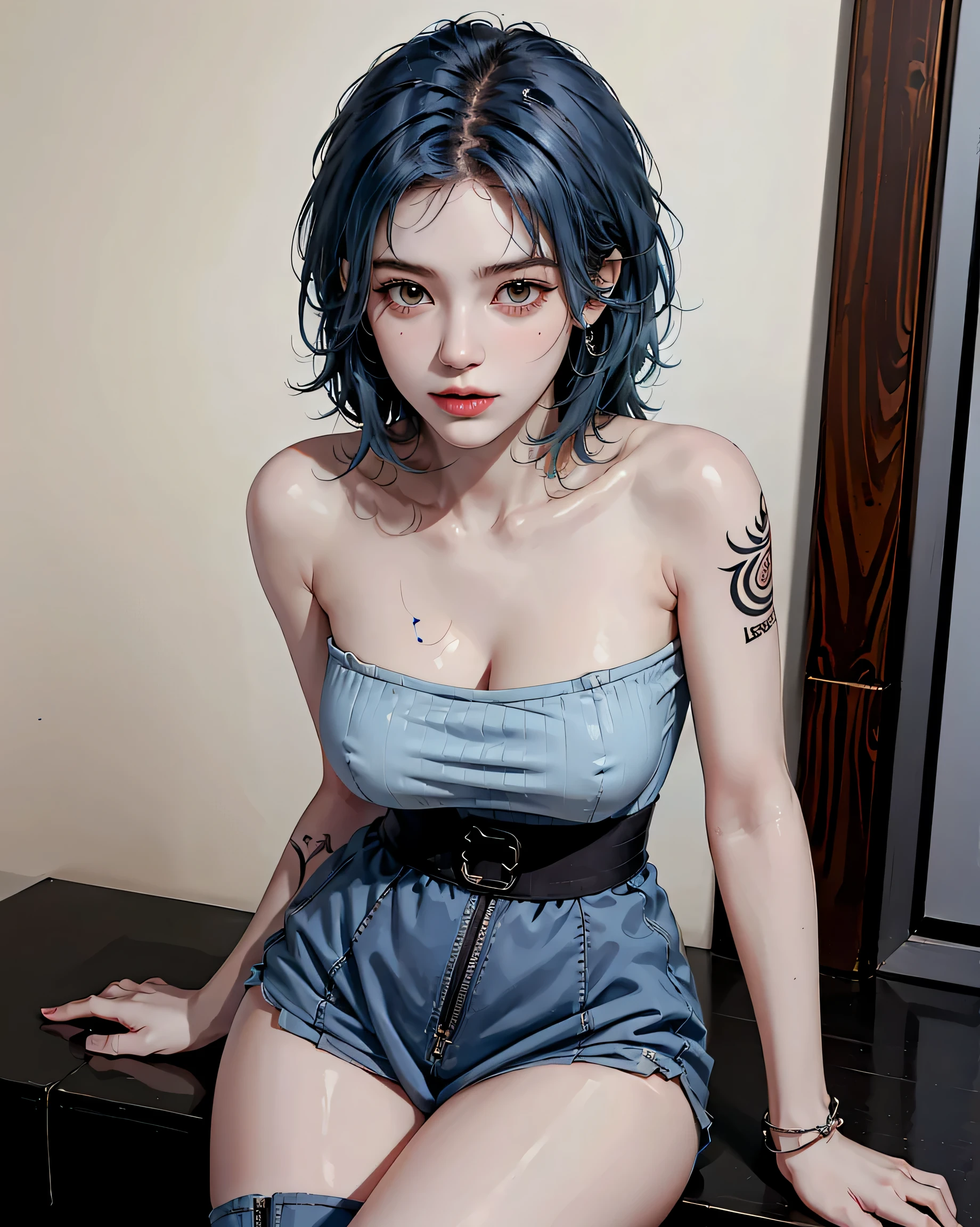 Perfect Style, Beautiful Face, Highly detailed face and skin texture, (Maximum resolution: 1.2), 1 female, alone, Hip Up, jewelry, (((He has many tattoos all over his body)), Streetwear, Play sports often, Blue Hair, panties, sports boots, (((Tight waist))), ((Big Breasts))