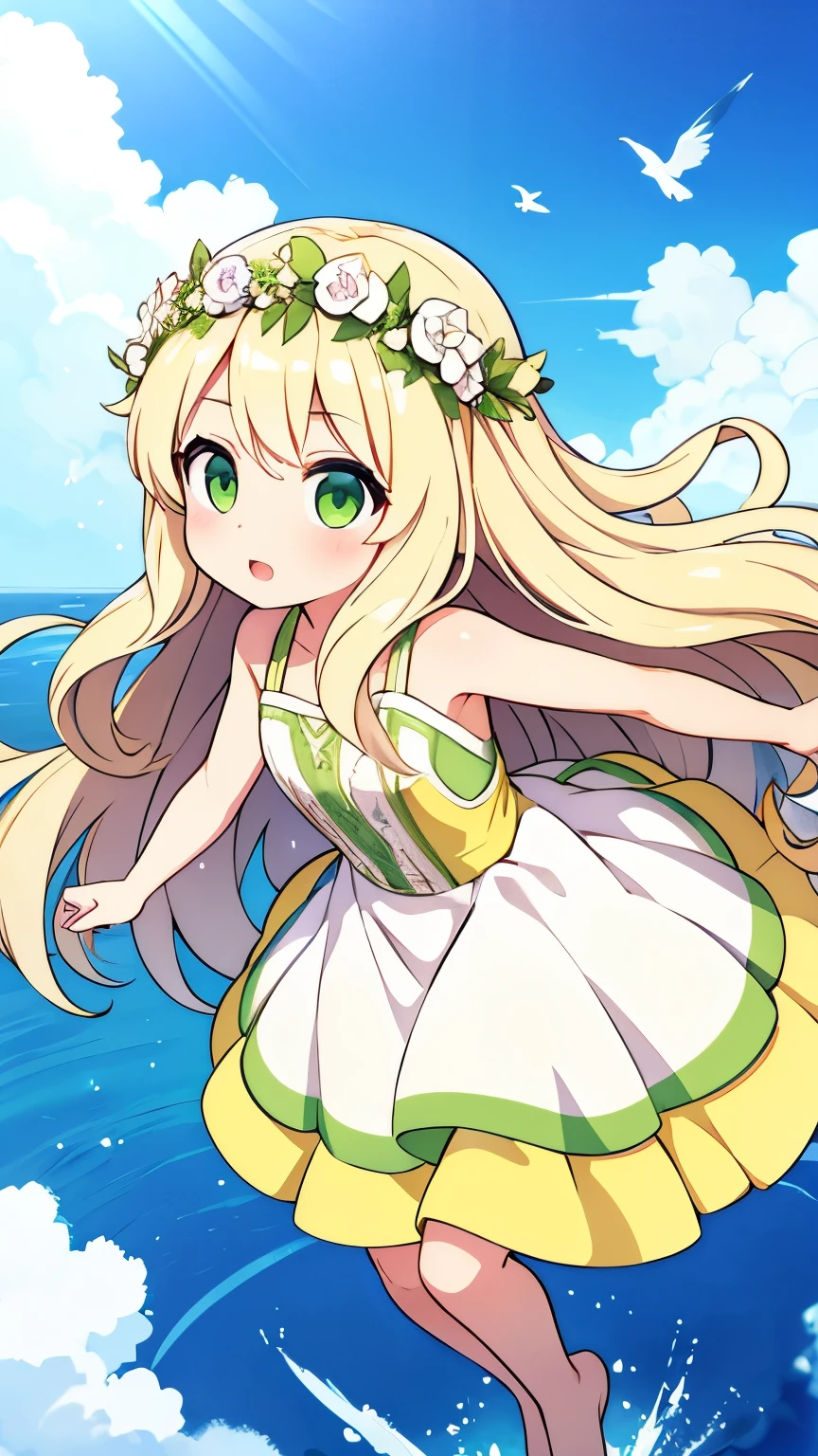 Girl Fairy,Platinum blonde wavy hair,Super Long Hair,Wearing a flower crown,Yellow-green eyes,Light clothing,Flying in the sky