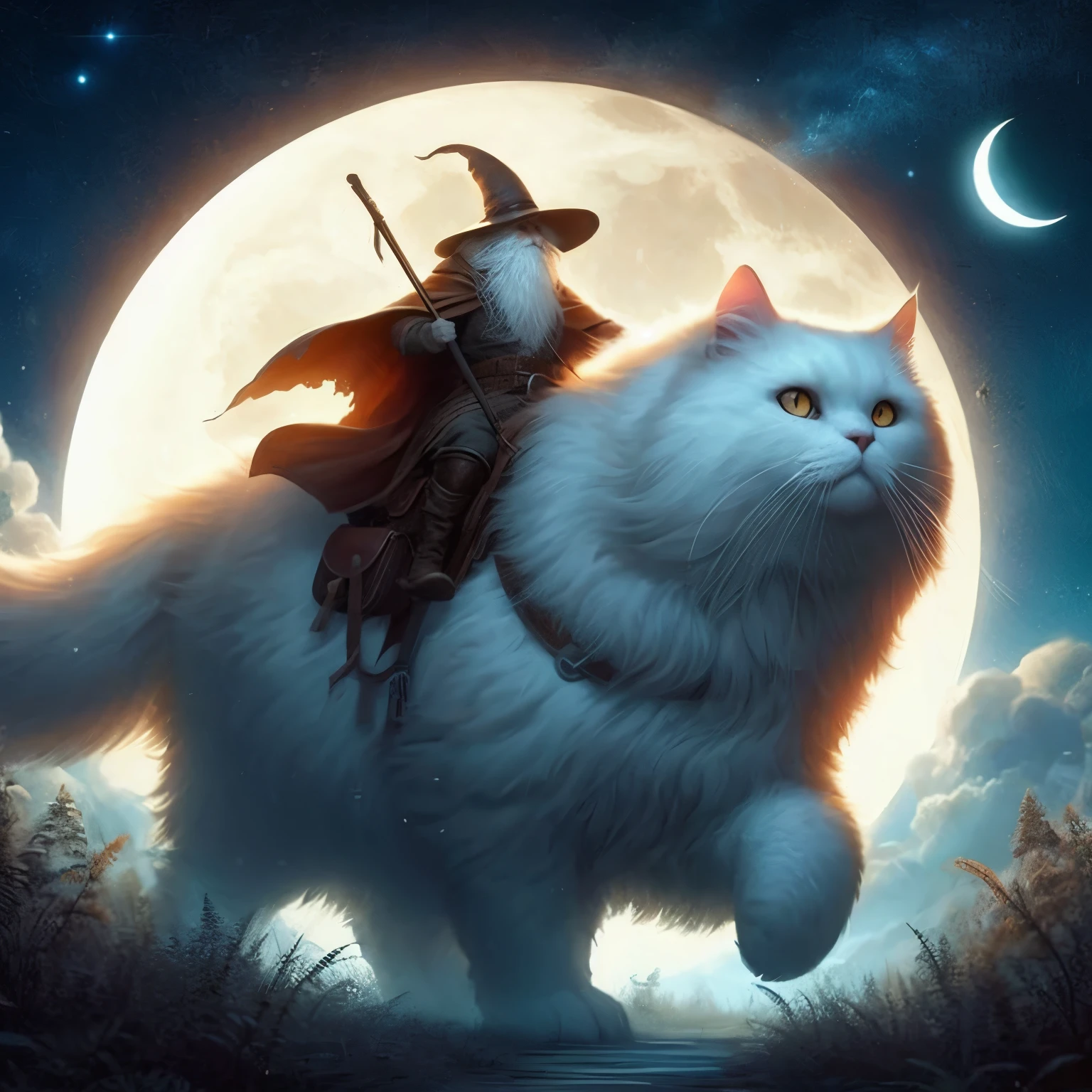 Old adventurer riding a gigantic a fluffy white cat at night under a crescent moon, fantasy, digital art