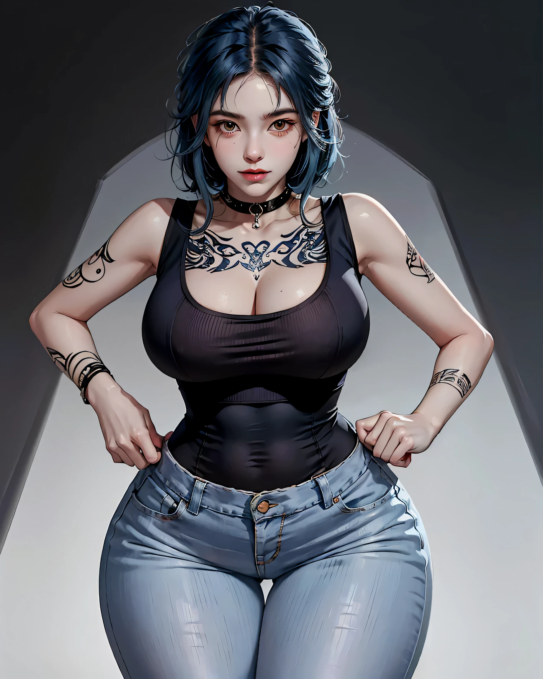 Perfect Style, Beautiful Face, Highly detailed face and skin texture, (Maximum resolution: 1.2), 1 female, alone, Hip Up, jewelry, (((He has many tattoos all over his body)), Streetwear, Play sports often, Blue Hair, panties, sneakers (((Tight waist))), ((Big Breasts))