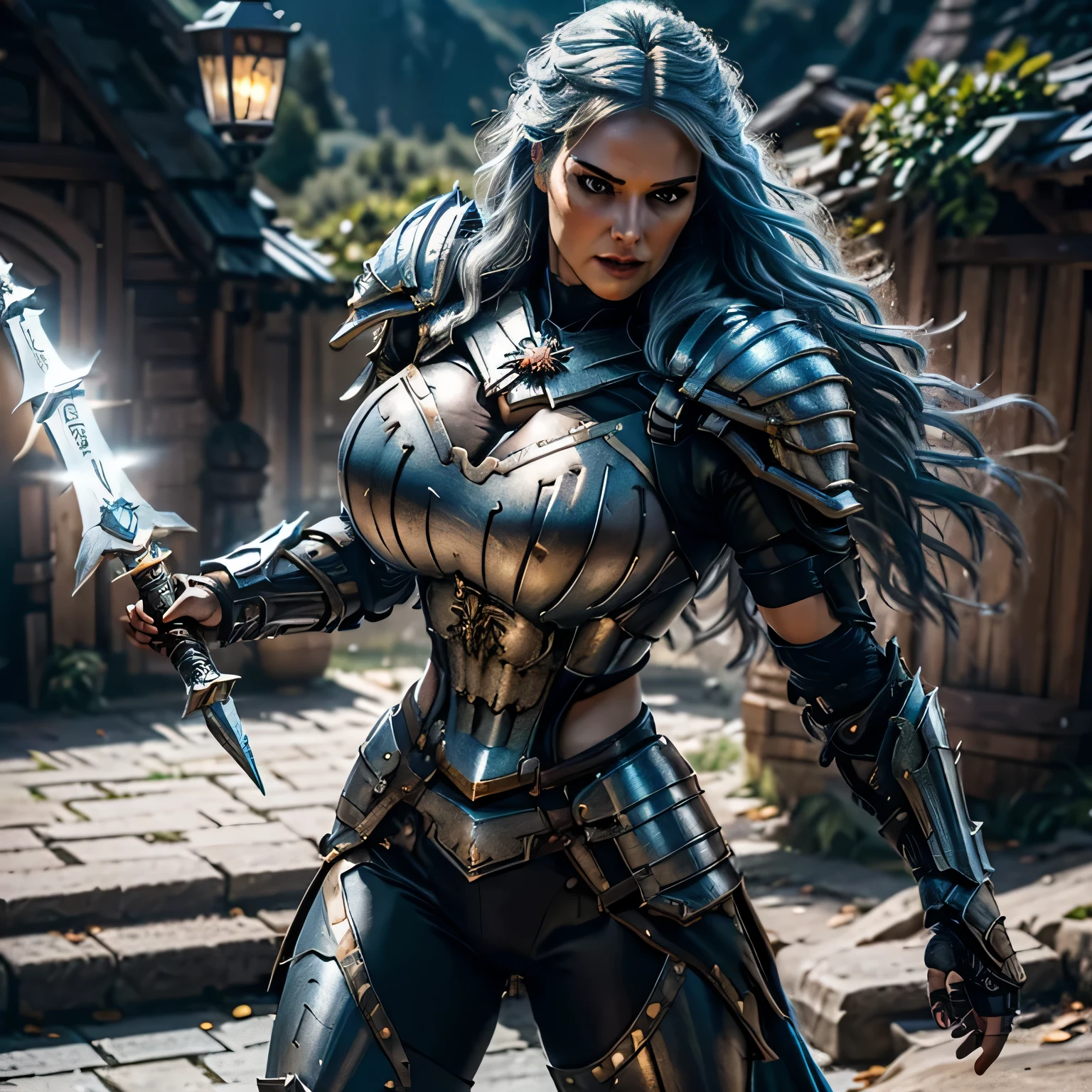 8K,asgard female warrior with very big breasts,Super beautiful(like the real thing),black very large chest armor,realistic skin,luxury black pants,Has a large, long black spear,sexy,muscular slim body,ripped abs,black shoulder armor,black waist armor,black leg armor,desert, rich colors, Backlight, cinematic lighting, film grain, RAW, 50mm lens,nikon　D850,ultra high resolution,Super realistic,goddess,battle scene,action scene,action pose,shine a light on the face, long wavy blue hair, the Witcher, the Witcher armor, yennefer