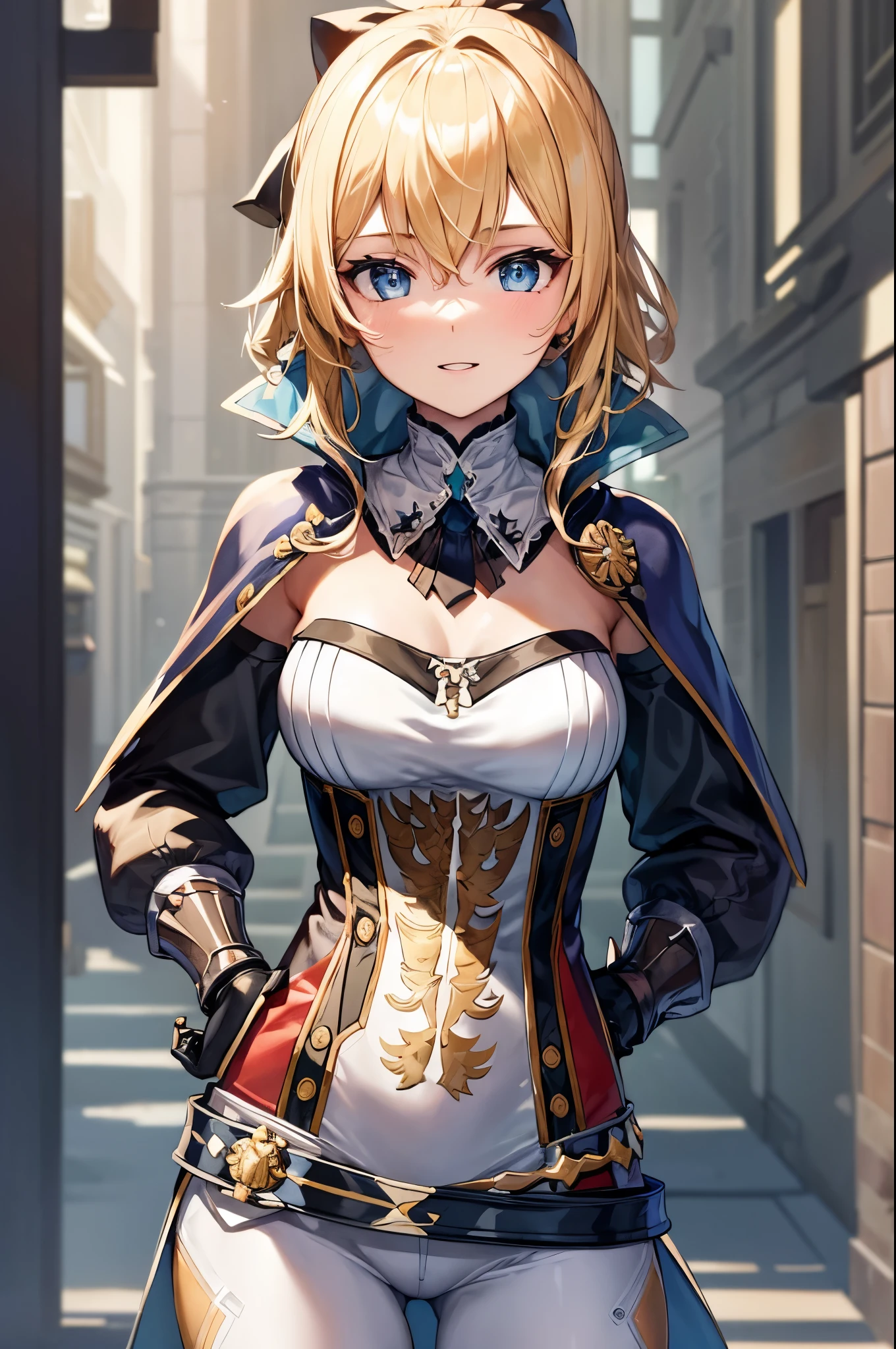 (masterpiece, best quality:1.2), expressive eyes, perfect face, highres, 1girl, solo, jeanfavonian, short hair, blonde hair, city, day, standing, happy, parted lips, hands on hip, upper body, looking at the viewer