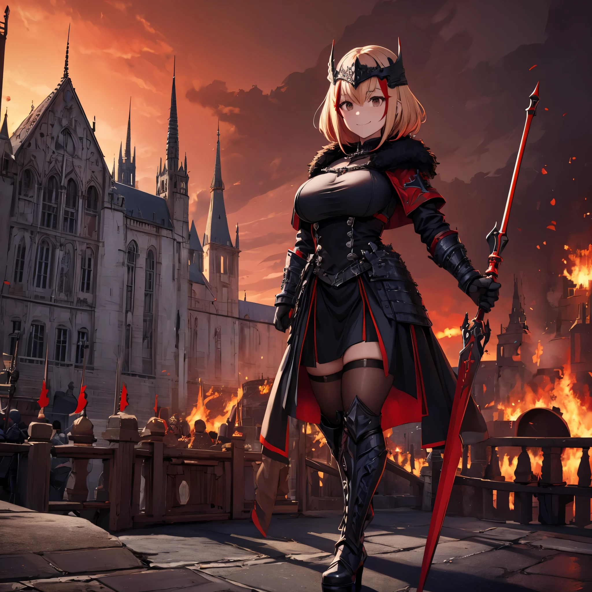 a woman wearing black heavy armor with red details, iron cross on the armor, black metal boots, black metal helm on her head, black metal bracelets, red fur coat, short blonde hair, red bangs, brown eyes, with sadistic smile, scary face, walking on a platform with a medieval castle with black structure, red sky, red sky. HDR, ultra resolution, well defined, masterpiece, 8K HD. (solo woman)