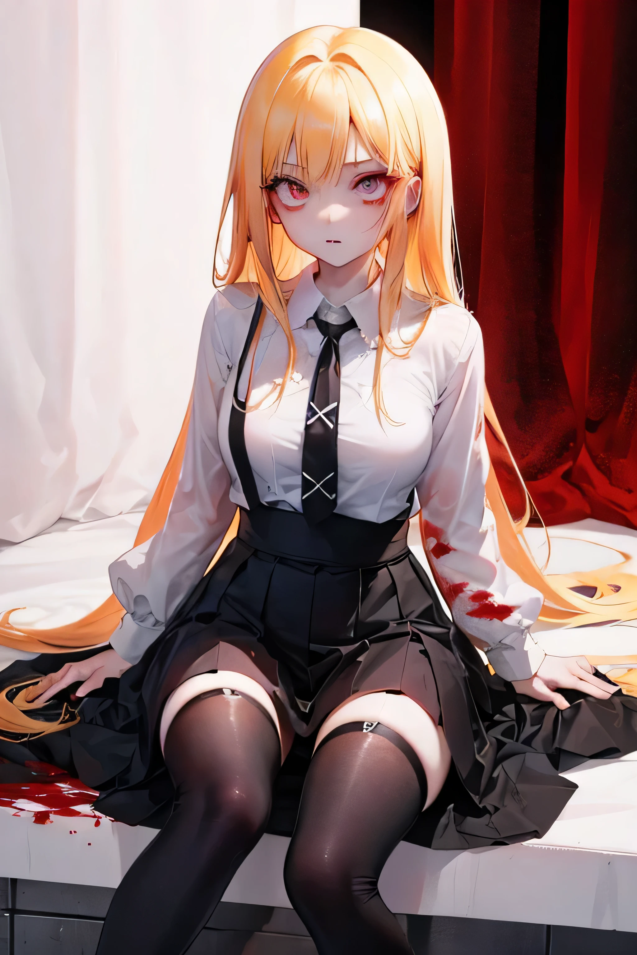 zombie anime girl with white eyes, full of black veins and dark circles, a lot of blood comes out of her mouth and spreads throughout her body, she is dressed in a black , red stockings, black shoes and a white shirt, She has blonde hair, her brain comes out of her head a little, she is on a road at night and it is illuminated with a white light.