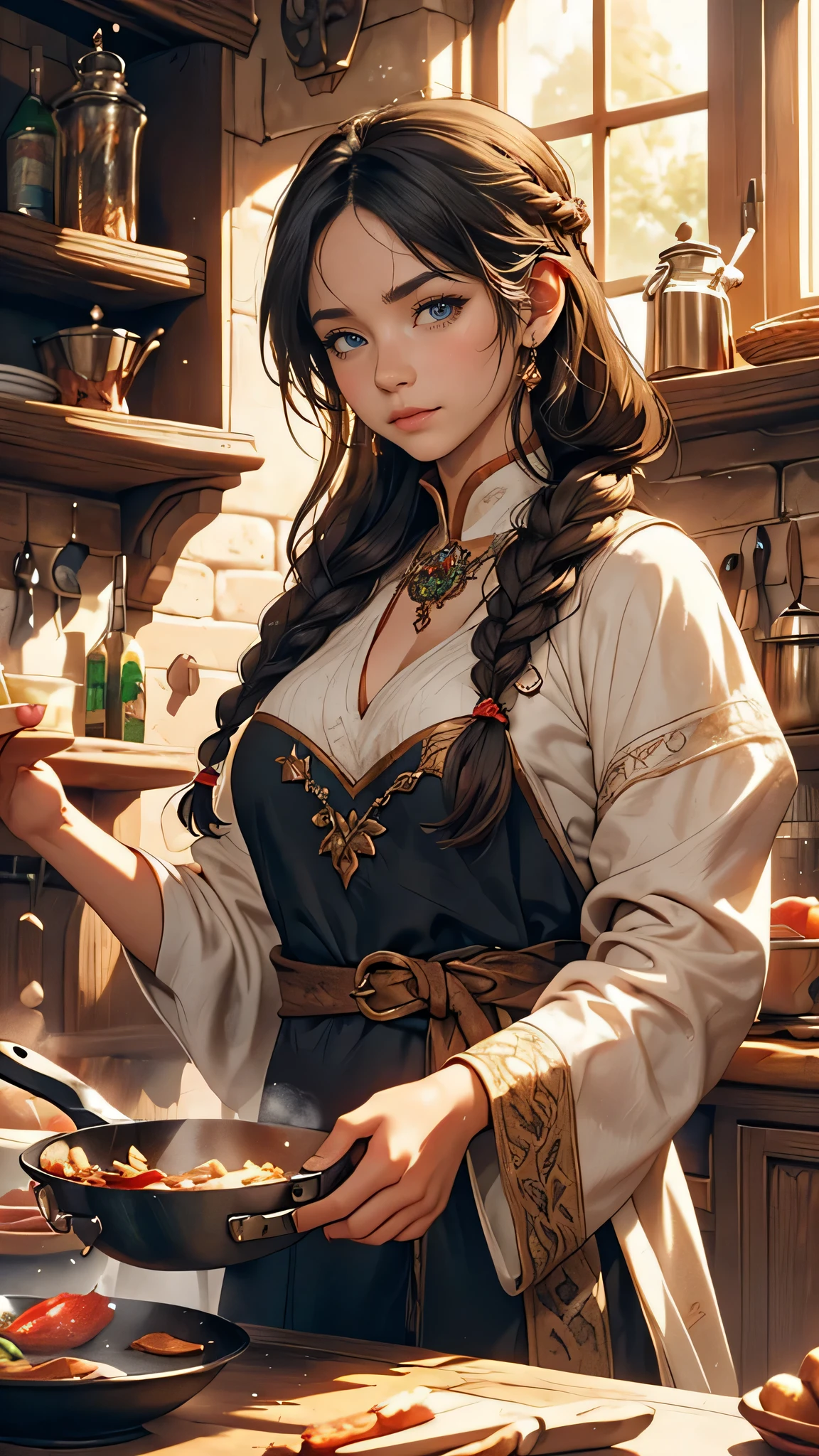 illustrates a girl with long black braided hair with an expression of shock because the food she was cooking was burnt, her face was very panicked, black smoke came out of the cooking pan, theme medieval fantasy. (best quality,ultra-detailed,realistic:1.37) A girl with (long,black braided) hair, (beautiful,detailed) (blue,deep) eyes, and (full,plump) lips. She is (dressed in a medieval-style) attire, standing in a (medieval) kitchen. The (stone) walls are adorned with (intricate) tapestries and the room is illuminated by (flickering) torches. (Soft, warm) light pours in from a window, casting (subtle, golden) rays on the girl's face. In front of her is a (rustic, blackened) iron frying pan, placed on a (burning) fire. The fire crackles and dances, creating (flames that lick) the bottom of the pan. The girl's face displays a (puzzled) expression and a hint of (determined) concentration as she struggles to cook the food. The kitchen is filled with the aroma of (sizzling, mouthwatering) food, as the girl tries to recreate a (delicious, medieval-inspired) dish. On the nearby countertop, there are (various) ingredients and spices, including bundles of (fresh, fragrant) herbs and jars of (exotic, colorful) powders. As the girl works, her surroundings reflect a (medieval fantasy) theme. Intricate artwork, depicting (mythical creatures) and (enchanted landscapes), adorns the kitchen walls. The wooden cabinets are adorned with (elaborate) carvings of (dragons) and (fairies). A (crystal chandelier) hangs from the ceiling, bathing the room in a (soft, ethereal) glow. The girl's struggle highlights her determination to master the culinary arts, despite the challenges. The scene captures a moment of (encountering a magical mishap), where her lack of expertise becomes evident. Yet, her (perseverance) and (curiosity) shine through, as she embraces the opportunity to learn from her mistakes. The color palette of the image is dominated by rich hues of (earthy tones) and (vibrant jew