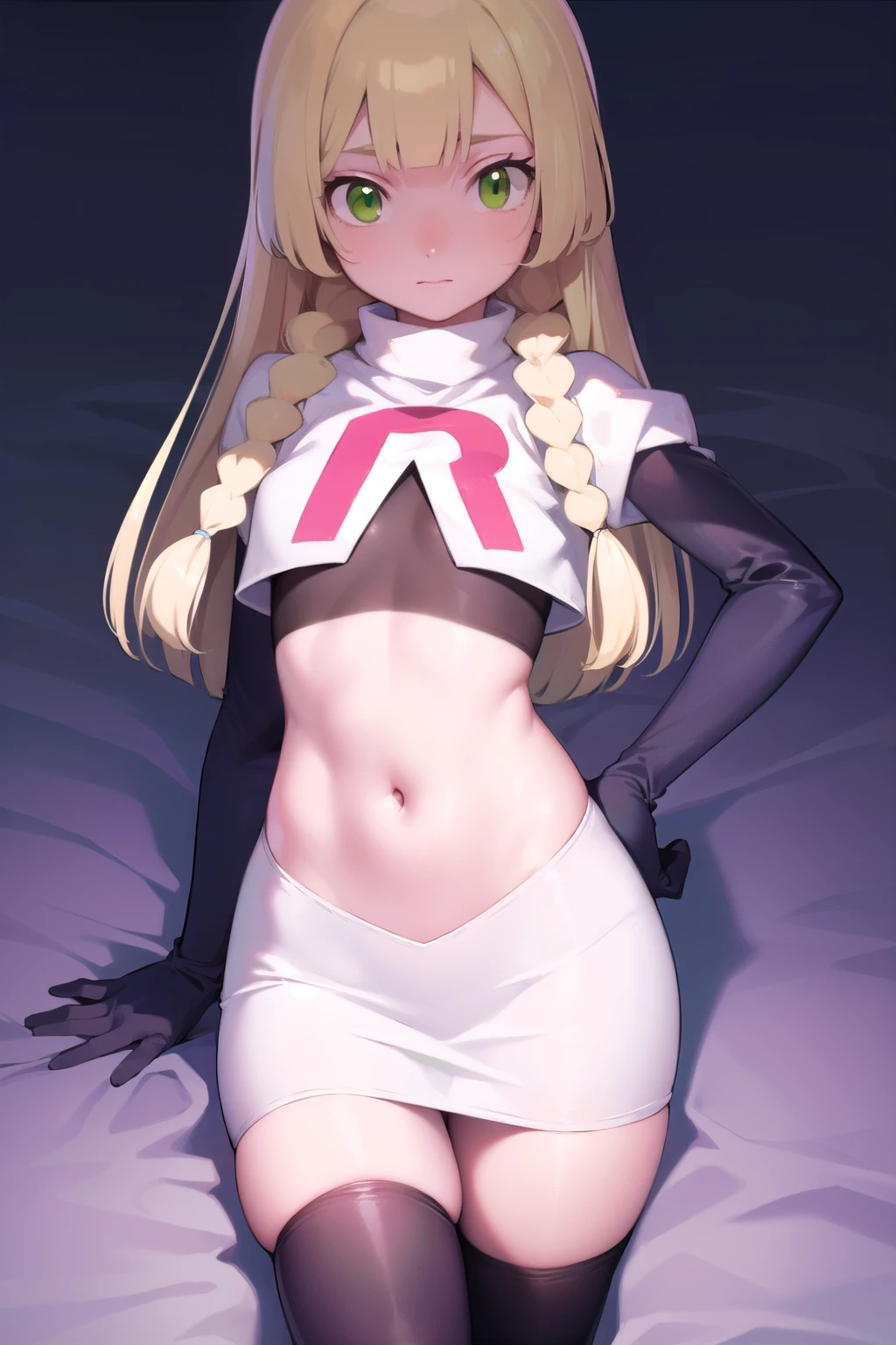 pokemonlilie, pokemonlilie, blonde hair, blunt bangs, (green eyes:1.5), long hair, (small breasts:1.2),
BREAK braid, twin braids, team rocket,team rocket uniform,white skirt,red letter R,crop top,black thigh-highs,black elbow gloves
BREAK looking at viewer,
BREAK (masterpiece:1.2), best quality, high resolution, unity 8k wallpaper, (illustration:0.8), (beautiful detailed eyes:1.6), extremely detailed face, perfect lighting, extremely detailed CG, (perfect hands, perfect anatomy),