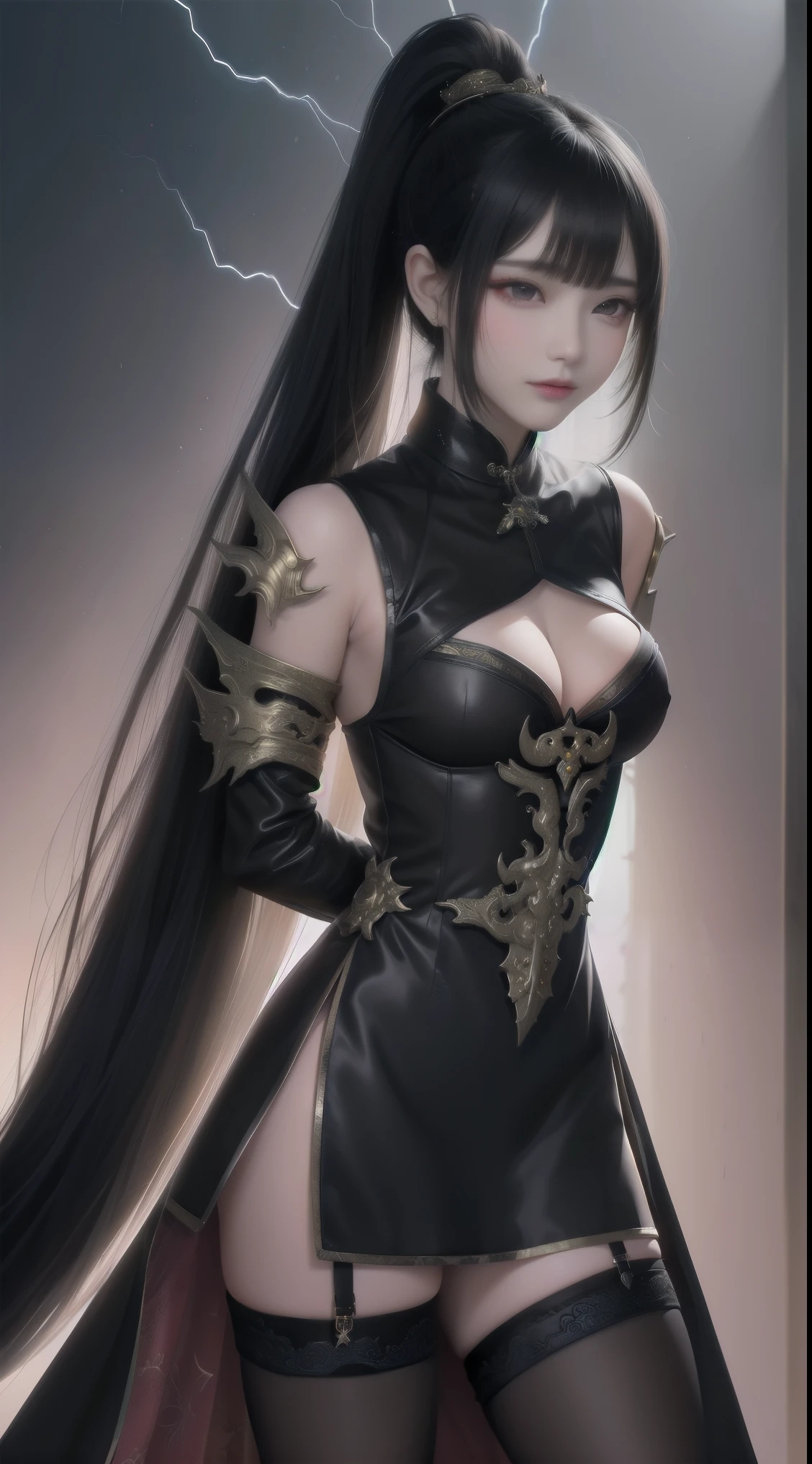 China,Dark Big Oriental eyes,Black long hair gathered in a Chinese ponytail,leather cloak, medium breast , with metal shoulder pads,scatters star rays,fantasy ,Blend of black gold,colorful Pattern, Dragon Pattern Road, prince, palace,Lightning effect,arms behind back,hands behind back, black lence stockings,Strangle,