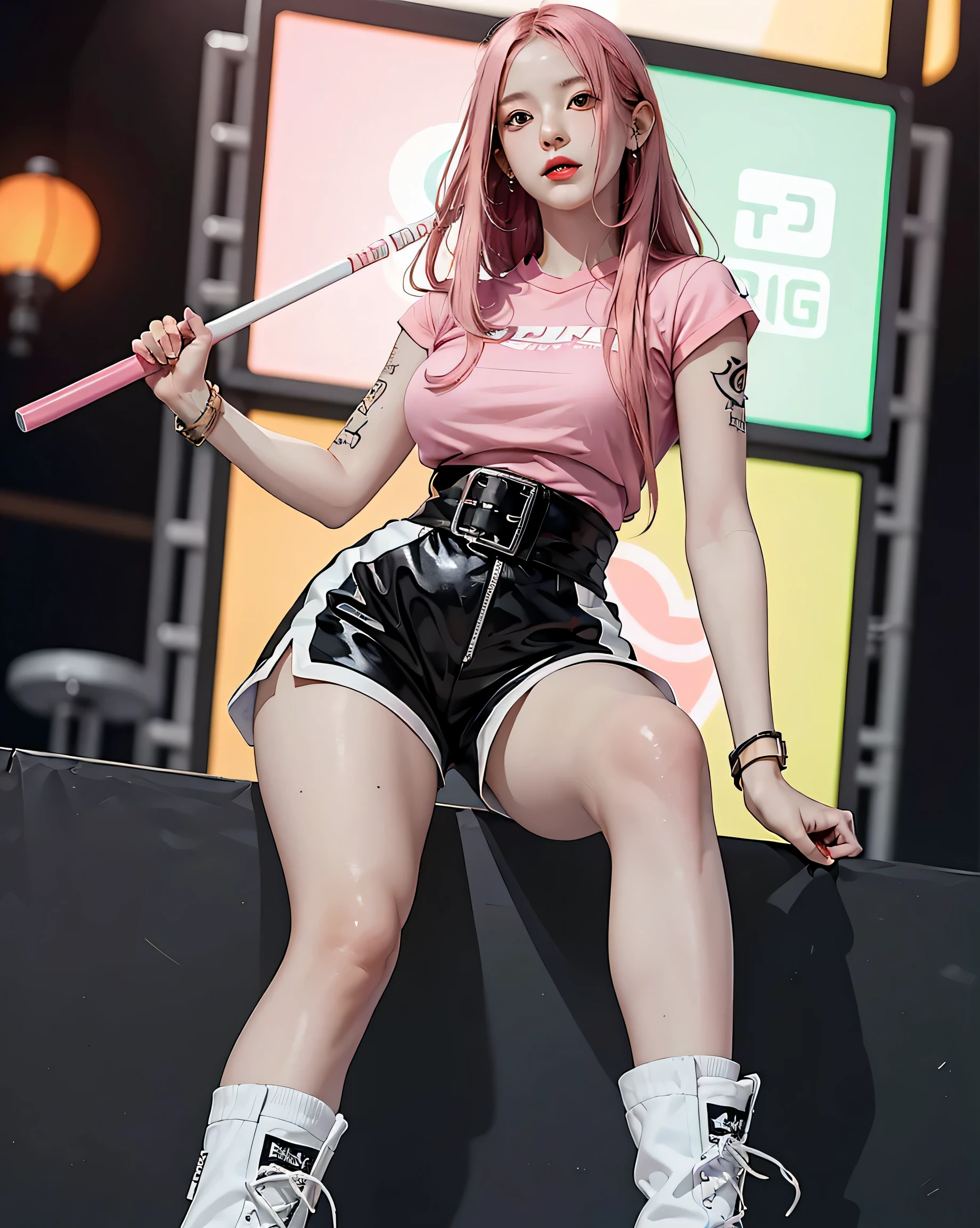 Perfect Style, Beautiful Face, Highly detailed face and skin texture, (Maximum resolution: 1.2), 1 female, alone, Hip Up, jewelry, (((tattoo)), Streetwear, Play sports often, Pink Hair, Shorts, sports boots, (((Tight waist))), ((Big Breasts))