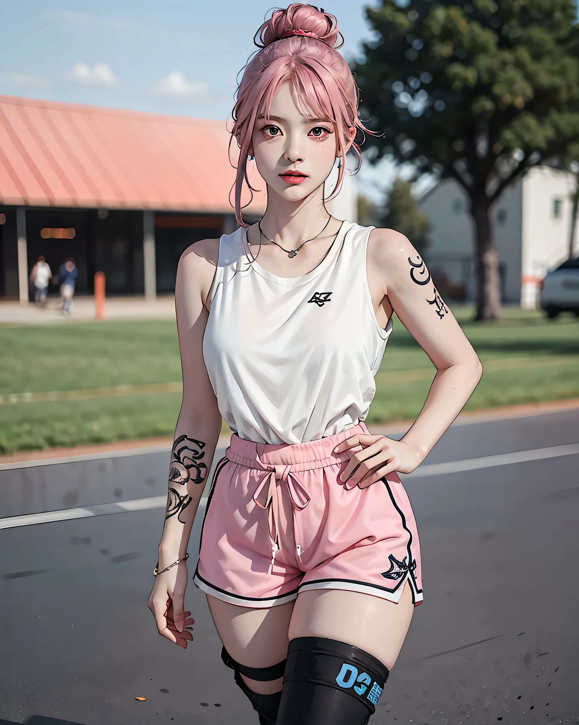 Perfect Style, Beautiful Face, Highly detailed face and skin texture, (Maximum resolution: 1.2), 1 female, alone, Hip Up, jewelry, (((tattoo)), Streetwear, Play sports often, Pink Hair, Shorts, sports boots, (((Tight waist))), ((Big Breasts))