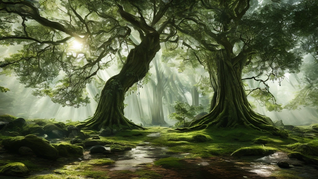 (highest quality,4K,8k,High resolution,masterpiece:1.2),Very detailed,(Realistic,photoRealistic,photo-Realistic:1.37),ground,Eye-catching, The giant Yggdrasil tree, Majestic branches stretching up to the sky, Bright green leaves swaying in the gentle breeze, Intricately detailed bark engraved with ancient patterns, Enchanting atmosphere, Mysterious glow emanating from the tree, A fantastic light shines through the dense foliage, Enchanted forest surrounding the tree, Magical creatures hiding in the shadows, Glittering dew on the leaves, Vivid and harmonious colors, A complex root system that spreads across the ground, Ancient runes carved into a tree trunk, A mythical being who whispers the secrets of the universe, Birds singing beautiful songs from the branches, A mesmerizing and enchanting sight, Awe-inspiring beauty, Otherworldly Beings, Transcendent and divine energy, Peaceful and calm atmosphere, Where dreams and reality intersect, Surprise and excitement, Gateway to another dimension.