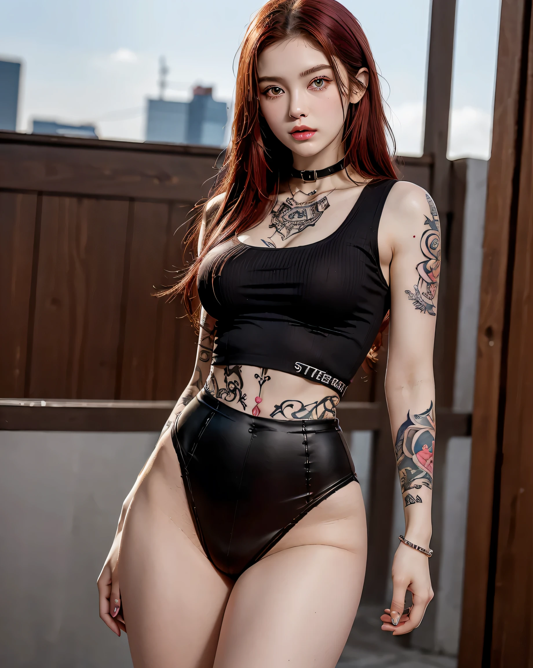 (Browsing Caution:0.7), Perfect Style, Beautiful Face, Highly detailed face and skin texture, (Maximum resolution: 1.2), 1 female,Hip Up, jewelry, (((He has many tattoos all over his body)), Streetwear, Play sports often, Redhead, panties, sneakers, (((Tight waist))), ((Big Breasts)),(See-through)