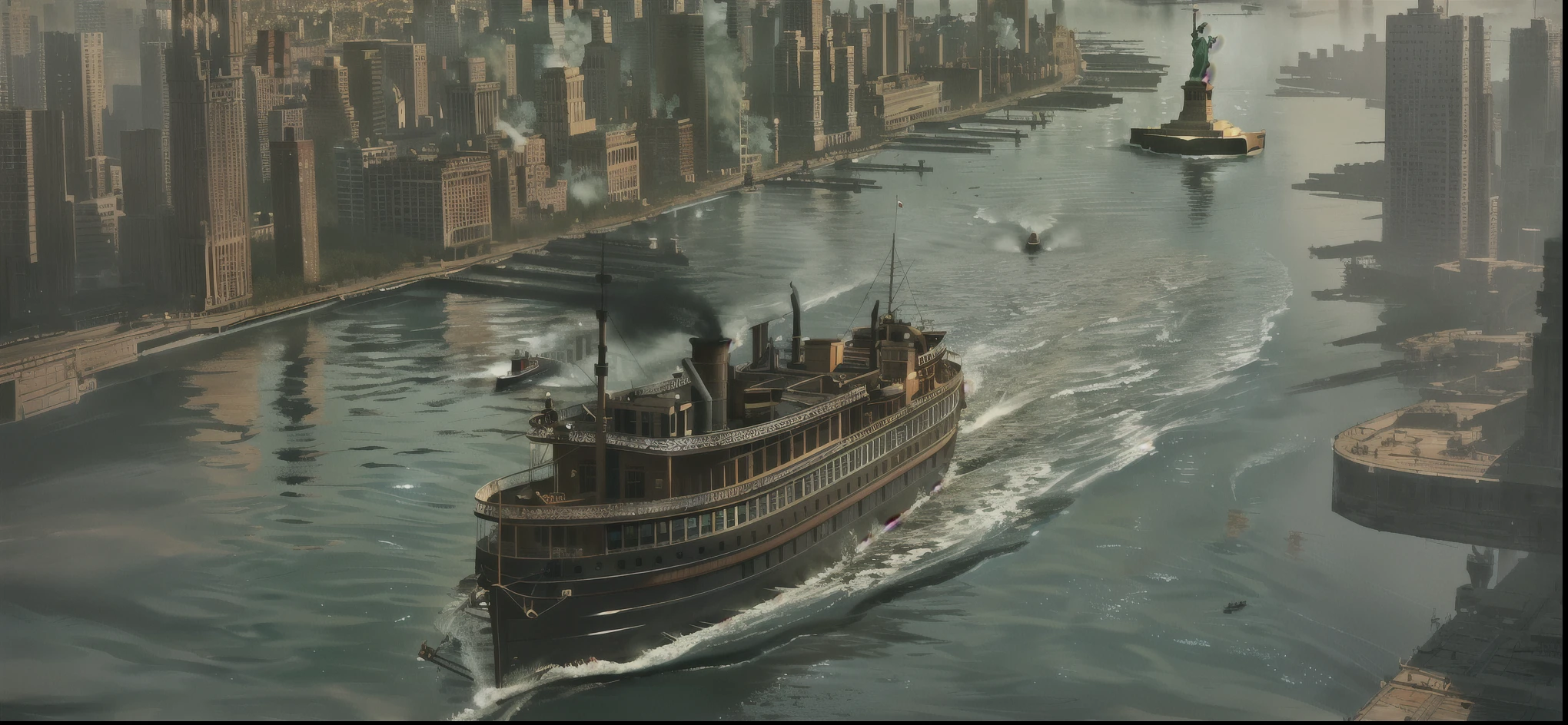 there is a large boat traveling down the river with a city in the background, stunning screenshot, dieselpunk city, victorian steampunk mega city, new york harbour, by Alexander Mann, cg art, beautiful screenshot, rendering of checkmate, by John La Gatta, by Scott M. Fischer, by Dan Christensen, victorian steampunk city vista, golden steampunk city atmosphere