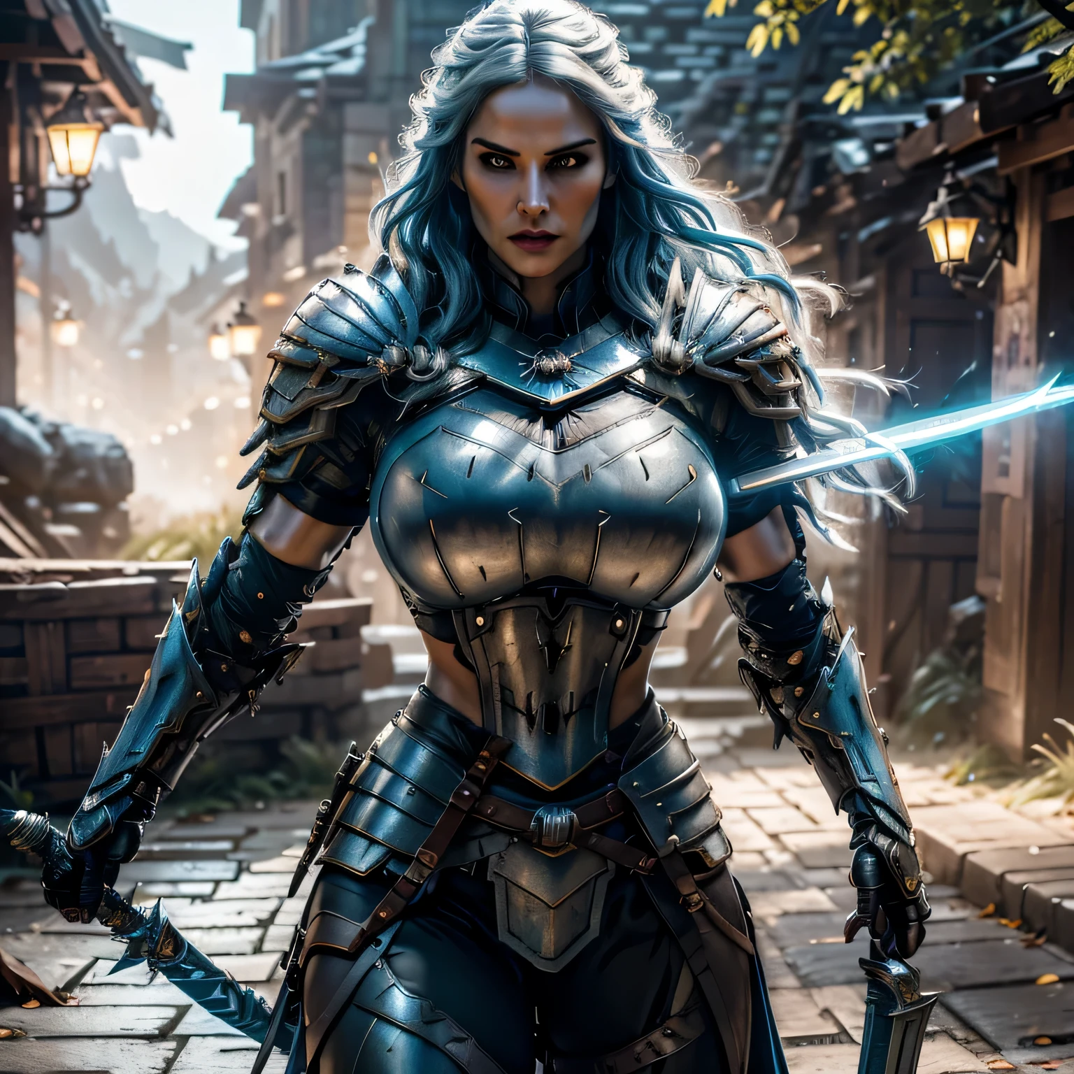 8K,asgard female warrior with very ,Super beautiful(like the real thing),black very large  armor,realistic skin,luxury black pants,Has a large, long black spear,,muscular slim body,ripped abs,black shoulder armor,black waist armor,black leg armor,desert, rich colors, Backlight, cinematic lighting, film grain, RAW, 50mm lens,nikon　D850,ultra high resolution,Super realistic,goddess,battle scene,action scene,action pose,shine a light on the face, long wavy blue hair, the Witcher, the Witcher armor, yennefer