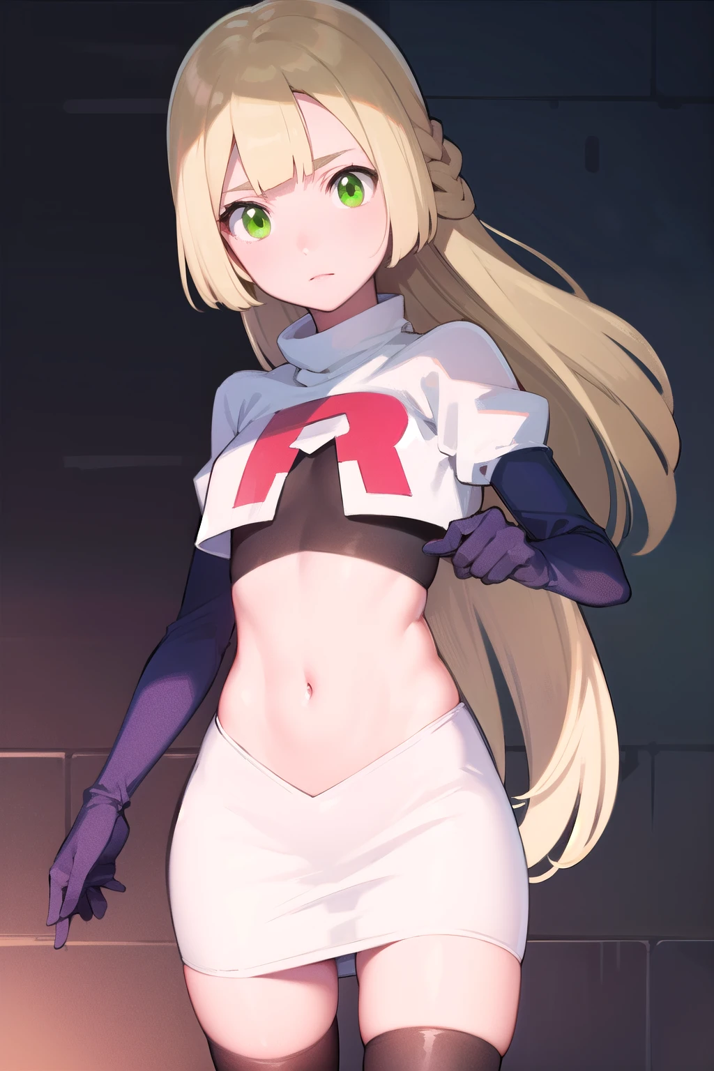 pokemonlilie, pokemonlilie, blonde hair, blunt bangs, (green eyes:1.5), long hair, (small breasts:1.2),
BREAK braid, twin braids, team rocket,team rocket uniform,white skirt,red letter R,crop top,black thigh-highs,black elbow gloves
BREAK looking at viewer,
BREAK (masterpiece:1.2), best quality, high resolution, unity 8k wallpaper, (illustration:0.8), (beautiful detailed eyes:1.6), extremely detailed face, perfect lighting, extremely detailed CG, (perfect hands, perfect anatomy),