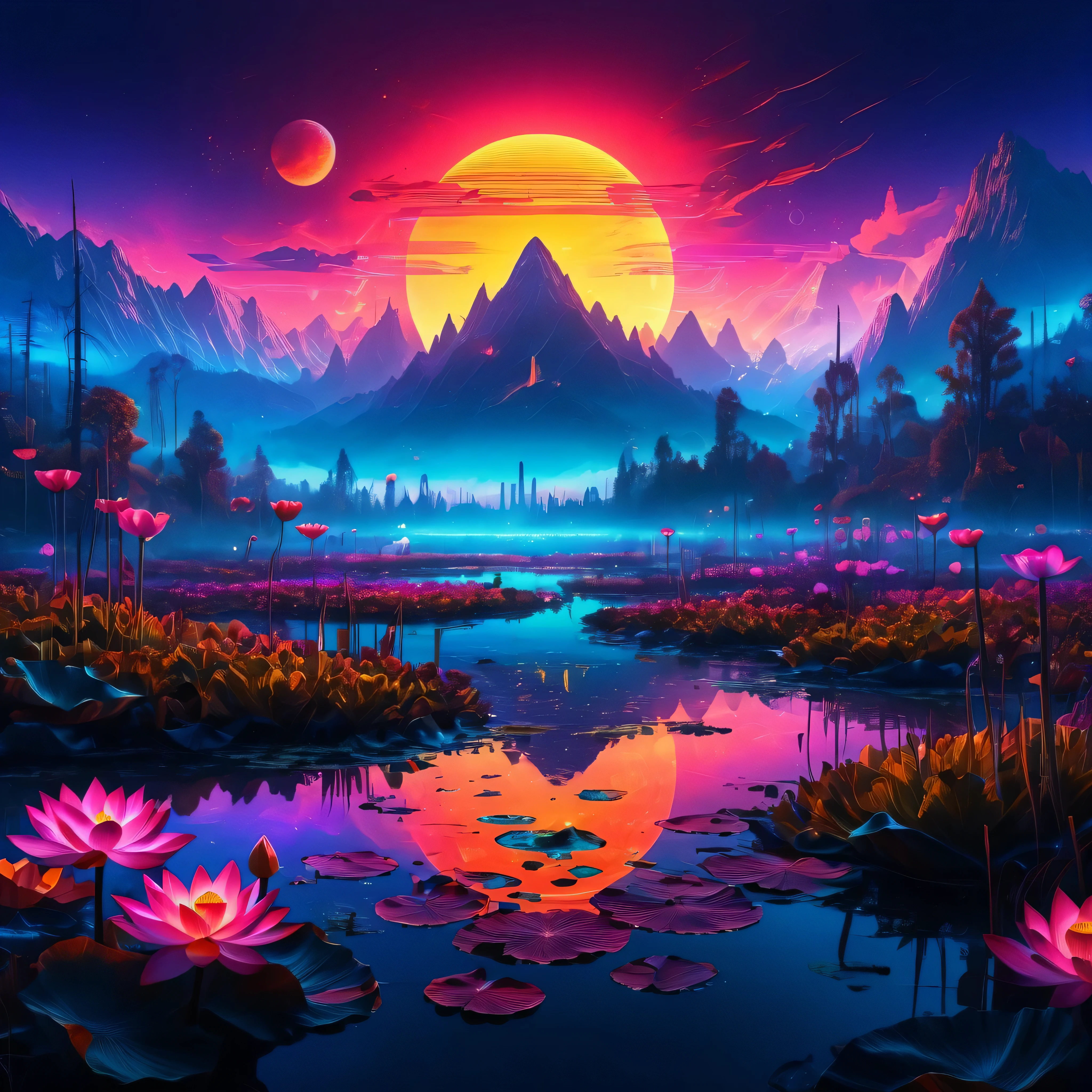 Glowing alpenglow on mountain peaks, Psychedelic alien planet, Primary colors in a bold, graphic style, Bustling cityscape with glowing neon signs, Lotus flowers blooming in a misty marsh, A light zephyr carrying fall's first chill, Battle-scarred warrior reflecting on past glories, A forest where the trees glow softly at night