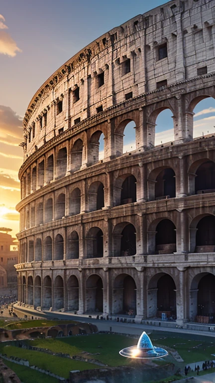 A water drop-shaped, all-metal spaceship hovering parallel above The Colosseum - Rome, Italy , 3D, Reality,Cinema,9:16,4K