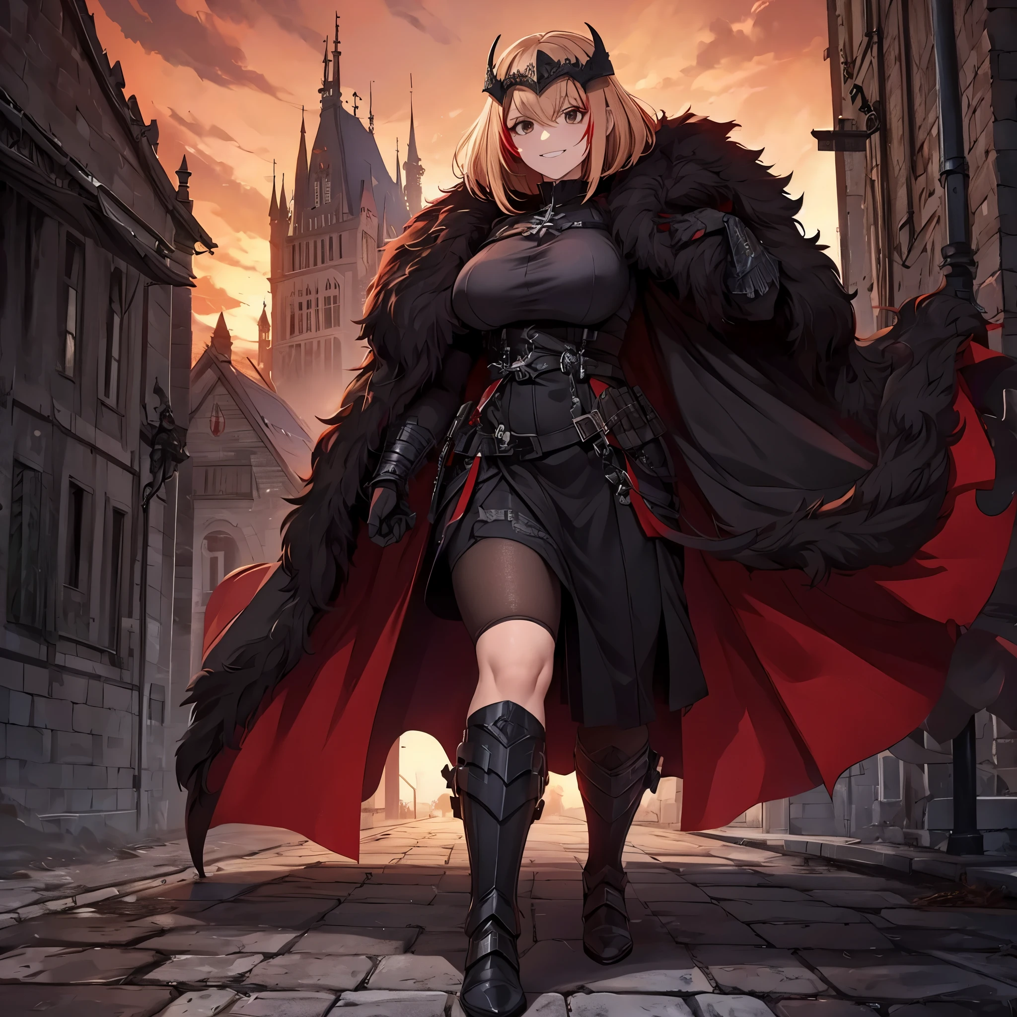 a woman wearing black heavy armor with red details, iron cross on the armor, black metal boots, black metal helm on her head, black metal bracelets, red fur coat, short blonde hair, red bangs, brown eyes, with a psychopath smile, scary face, walking on a platform with a medieval castle with a black structure, red sky,HDR, ultra resolution, well defined, masterpiece, 8K HD. (solo woman)