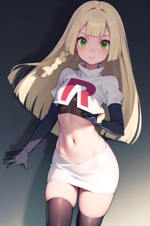 pokemonlilie, pokemonlilie, blonde hair, blunt bangs, (green eyes:1.5), long hair, (small breasts:1.2),
BREAK braid, twin braids, team rocket,team rocket uniform,white skirt,red letter R,crop top,black thigh-highs,black elbow gloves
BREAK looking at viewer,
BREAK (masterpiece:1.2), best quality, high resolution, unity 8k wallpaper, (illustration:0.8), (beautiful detailed eyes:1.6), extremely detailed face, perfect lighting, extremely detailed CG, (perfect hands, perfect anatomy),