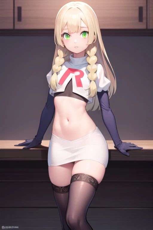 pokemonlilie, pokemonlilie, blonde hair, blunt bangs, (green eyes:1.5), long hair, (small breasts:1.2),
BREAK braid, twin braids, team rocket,team rocket uniform,white skirt,red letter R,crop top,black thigh-highs,black elbow gloves
BREAK looking at viewer,
BREAK (masterpiece:1.2), best quality, high resolution, unity 8k wallpaper, (illustration:0.8), (beautiful detailed eyes:1.6), extremely detailed face, perfect lighting, extremely detailed CG, (perfect hands, perfect anatomy),