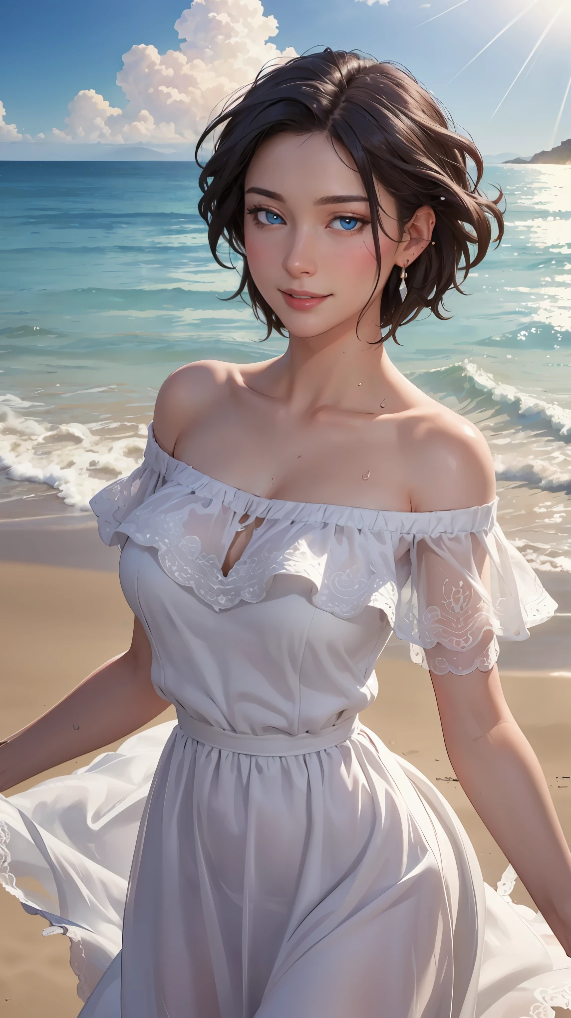 ((((masterpiece, best quality, high resolution)))), Extremely detailed 8K, Beautiful girl with voluptuous body, (Ultra HD, Ultra-detailed, Highly detailed, Highly realistic, Ultra-realistic, photograph realistic), (1girl:1.5), (Realistic black hair), (short wavy hair, earrings), (dynamic poses), facing at camera, looking at viewer, (blushing red, embarrassed, smile), (blue eyes, sharp eyes), (perky breasts:1.2), (beautiful detailed face, beautiful detailed eyes), ((off shoulder loose sundress, body silhouette)), (detail pussy), (walking:1.3), sweat, glow, (sunbeam, sunlight), ((cowboy shot)), beach, seductive