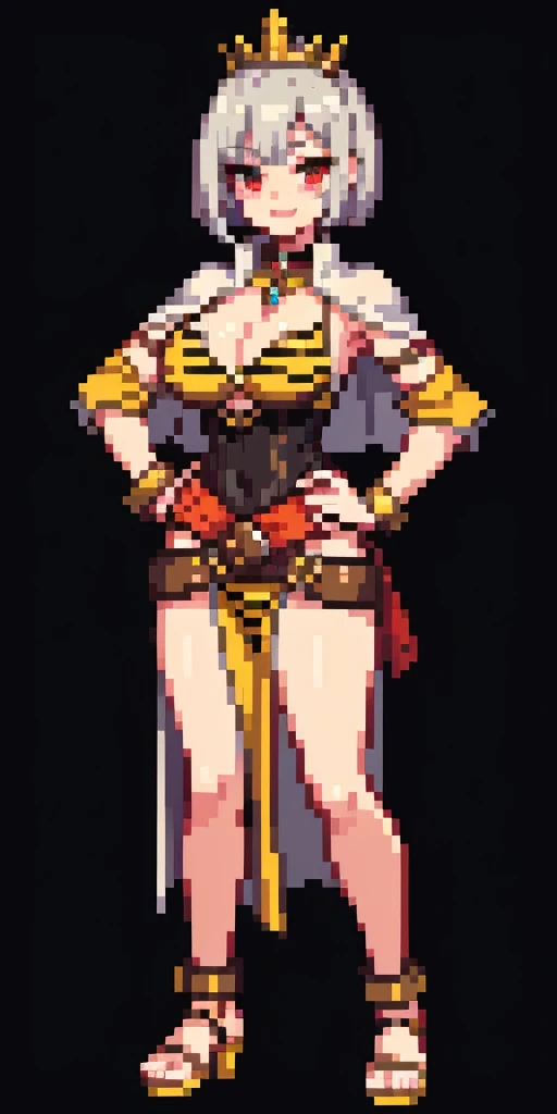((BLACK BACKGROUND 1:2, masterpiece)) 1solo female full body MILF BIMBO standing straight symmetrical with two long thighs and two metal sandals, red eyes like rubies, eye focus looking to the viewer, silver white hair, short bob style hair, big knockers breastplate, breastplate, cleavage, tiara royal, long cape up to two feet, yellow bikini (yellow tiger stripes), lustful smirking smiling, smile face (red blushed, red cheeks), pauldrons metal shoulders, gold sleeveless bracelets, separate sleeves, hands on waist hands OR hips, golden bracers, metal handcuffs, leather corset, red loincloth, black leather choker slave collar, shackles bracelets, slave red crest under navel, navel, big belt around waist OR hips, feet together, metal ankle, two long thighs and two metal sandals