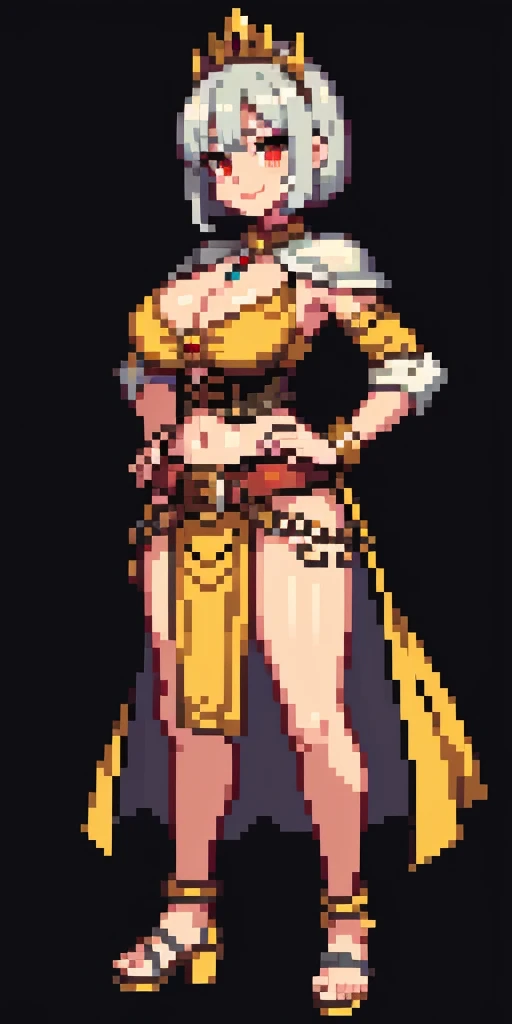 ((BLACK BACKGROUND 1:2, masterpiece)) 1solo female full body MILF BIMBO standing straight symmetrical with two long thighs and two metal sandals, red eyes like rubies, eye focus looking to the viewer, silver white hair, short bob style hair, big knockers breastplate, breastplate, cleavage, tiara royal, long cape up to two feet, yellow bikini (yellow tiger stripes), lustful smirking smiling, smile face (red blushed, red cheeks), pauldrons metal shoulders, gold sleeveless bracelets, separate sleeves, hands on waist hands OR hips, golden bracers, metal handcuffs, leather corset, red loincloth, black leather choker slave collar, shackles bracelets, slave red crest under navel, navel, big belt around waist OR hips, feet together, metal ankle, two long thighs and two metal sandals