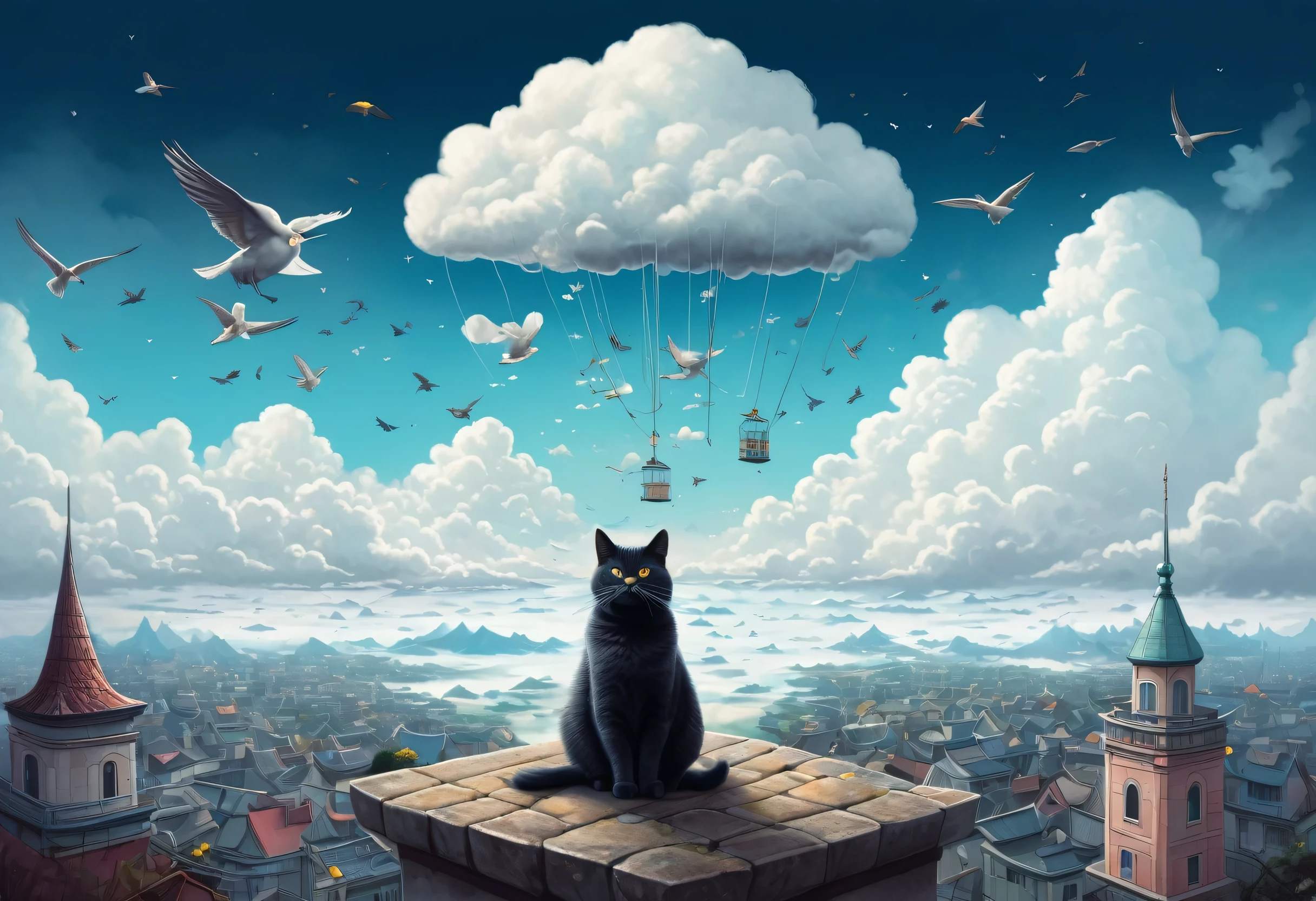 A cat is sitting on the ground、there are birds in the sky, Fluffy cat t-shirt design, Sitting in the fluffy clouds, Cute and detailed digital art, Great illustrations, Pop surrealism art style, Dreamy illustration, In the style of digital illustration, Ghibli's Tom Bagshaw, Surreal illustrations, Cloudy, Just a joke, Fat Cloud, in the clouds
