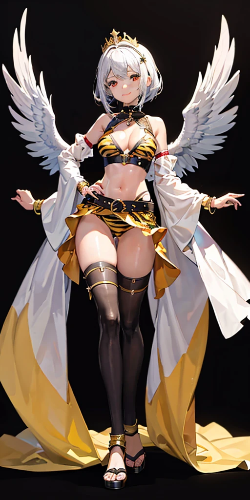 ((BLACK BACKGROUND 1:2, masterpiece)) 1solo female full body MILF BIMBO standing straight symmetrical with two long thighs and two metal sandals, red eyes like rubies, eye focus looking to the viewer, silver white hair, short bob style hair, big knockers breastplate, breastplate, cleavage, tiara royal, long cape up to two feet, yellow bikini (yellow tiger stripes), lustful smirking smiling, smile face (red blushed, red cheeks), pauldrons metal shoulders, gold sleeveless bracelets, separate sleeves, hands on waist hands OR hips, golden bracers, metal handcuffs, leather corset, red loincloth, black leather choker slave collar, shackles bracelets, slave red crest under navel, navel, big belt around waist OR hips, feet together, metal ankle, two long thighs and two metal sandals (Mizuno Akane)(GYARU)(DARK SKIN)