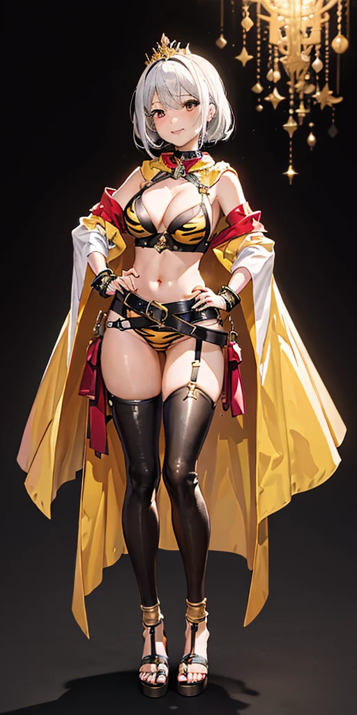 ((BLACK BACKGROUND 1:2, masterpiece)) 1solo female full body MILF BIMBO standing straight symmetrical with two long thighs and two metal sandals, red eyes like rubies, eye focus looking to the viewer, silver white hair, short bob style hair, big knockers breastplate, breastplate, cleavage, tiara royal, long cape up to two feet, yellow bikini (yellow tiger stripes), lustful smirking smiling, smile face (red blushed, red cheeks), pauldrons metal shoulders, gold sleeveless bracelets, separate sleeves, hands on waist hands OR hips, golden bracers, metal handcuffs, leather corset, red loincloth, black leather choker slave collar, shackles bracelets, slave red crest under navel, navel, big belt around waist OR hips, feet together, metal ankle, two long thighs and two metal sandals (Mizuno Akane)(GYARU)(DARK SKIN)