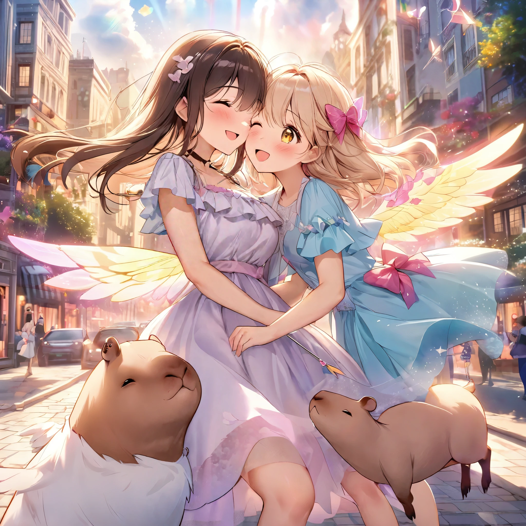 (a cute, happy, winged capybara, love-themed bow and arrow), bustling city, young women, finding love, vibrant colors, whimsical atmosphere, charming smiles, fluttering wings, joyful expressions, arrow of love, love-struck, magical moments, enchanting encounters, dreamy landscapes, urban backdrop, heart-shaped arrows, love-filled air, romantic ambiance, busy streets, hopeful hearts, tender connections, radiant energy, seamless connections, serendipitous meetings, sunny skies, blooming flowers, laughter and joy, sparkling eyes, love conquers all, delightful surprises, heartwarming encounters, picturesque settings, uplifting spirit, captivating scenes, unforgettable connections, love spreading in every corner, enchanted cityscape, love arrows piercing through the air, heartwarming embraces, love-filled destiny.