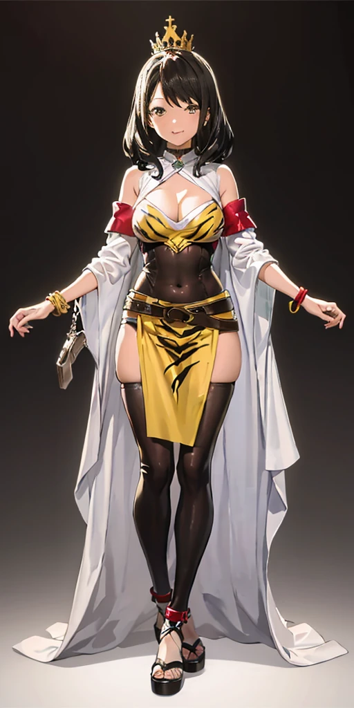 beautiful woman, dark skin, short white hair, yellow eyes, yellow ninja outfit, big bust, showing full body, dark body, high quality, in dojo