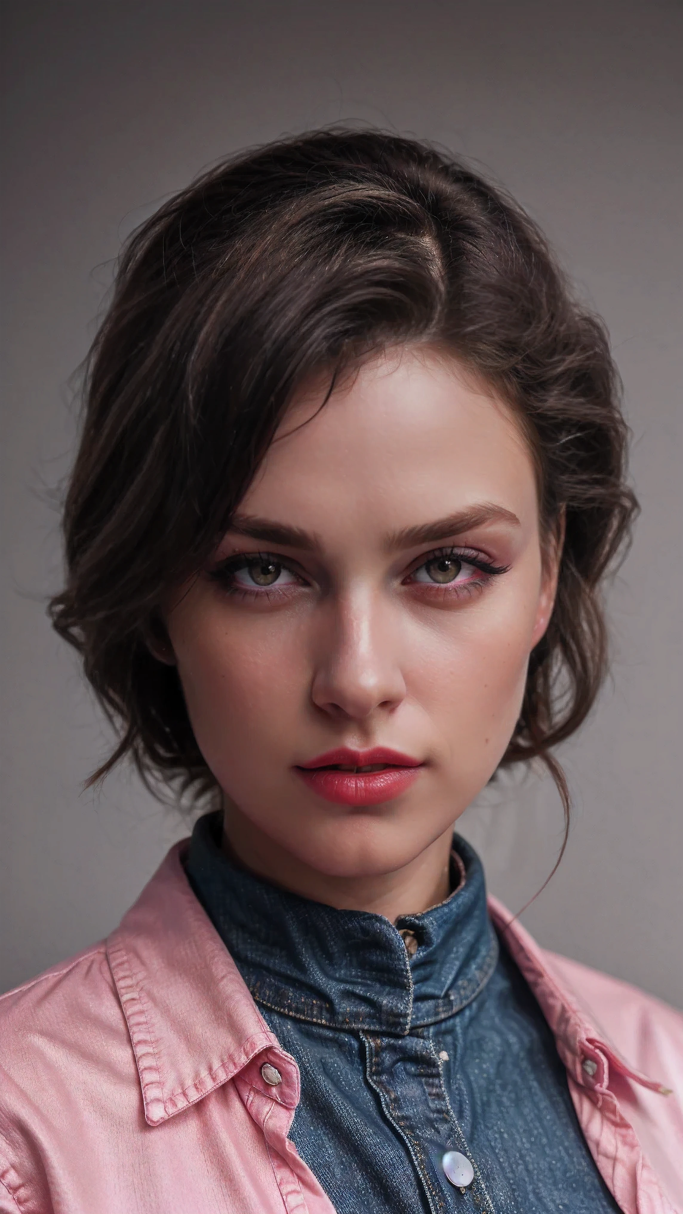 Blond brown hair, (RAW photo), (realism: 1.8), (gloss red lipstick, many eyelashes, dark black eye shadow, shy, blushing, high quality, high resolution, depth of collage field, chromatic aberration, caustic, wide light, dark pink glossy skin, (21 year old woman), smartwatch, smartphone, stylish college girl, jeans and pink silk shirt, lots of exposure, pose, visible 8k resolutions,
