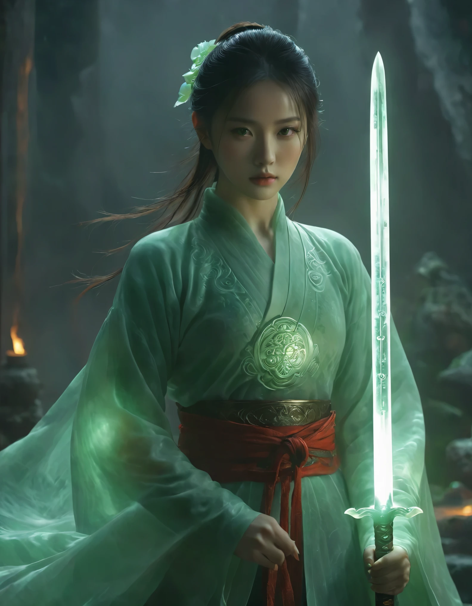 1beautiful girl,  solo，female swordman，Hold the hilt of a sword in your hand，The jade blade glows，front view, fullbody， ((Best quality)), ((Masterpiece)), ((Realistic))，UHD，