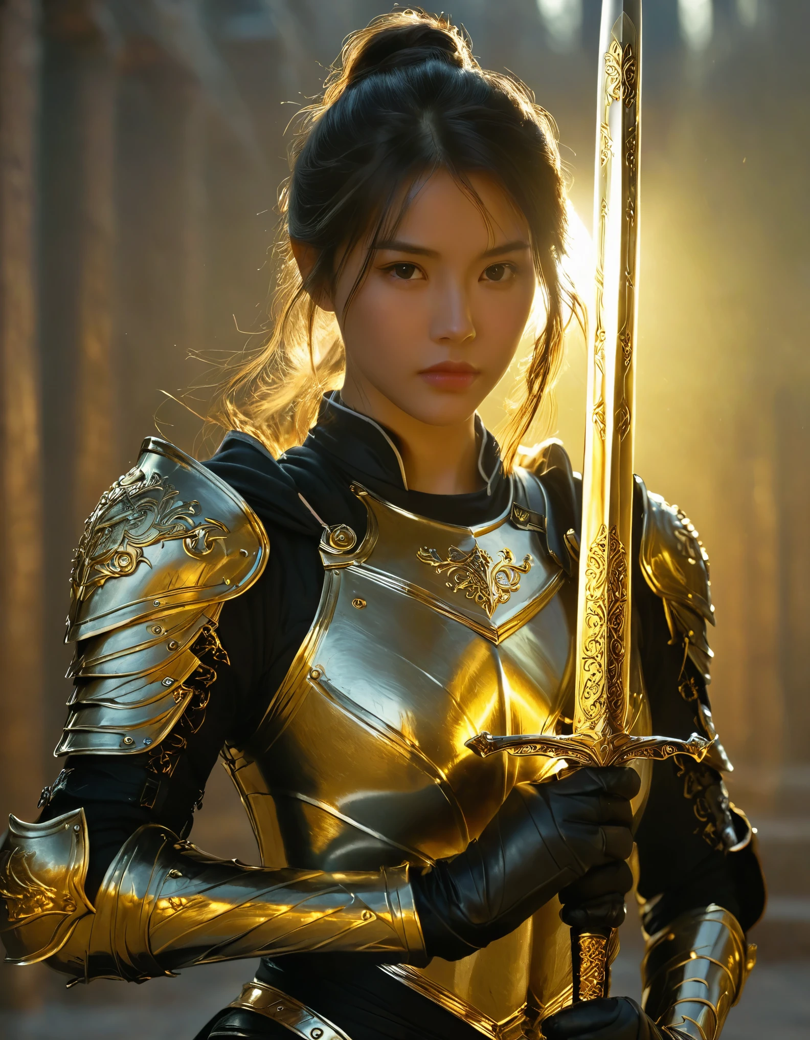 1beautiful girl, solo，female swordman，armor，Hold the hilt of a sword in your hand，The golden blade glows，front view, fullbody， ((Best quality)), ((Masterpiece)), ((Realistic))，UHD，