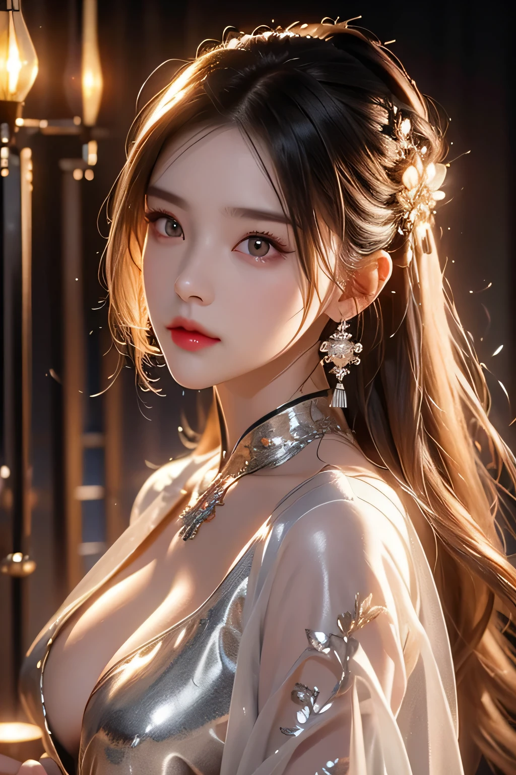 High-quality work,Realistic works,Super premium graphics,8K HD CG works,high quality graphics,High-definition and exquisite CG works,10x pixels,Ultra-fine details:1.1,Advanced technical details:1.1Realistic photo effects,Interior lighting effects:1.5,natural soft light:1.5. Light effect(Virtual light effects:1.8),ultra high resolution,shining dress,sliver long hair,silber hair,transparenthair,high detailed hair(Quality hair details:1.1)Clear eyes,Double eyelids look good,Sharp eye makeup, Create exquisite eyelash makeup, tthin eyebrows, Ultra-detailed eyes,a tall nose, lovely red lips, rosey cheeks, With delicate makeup on her face , pretty face, The face shape is perfectly proportioned,(Advanced facial details:1.1)1 girl, Chinese_clothes, liquid silver and orange, cyberhan, cheongsam, cyberpunk city, dynamic pose, detailed luminous headphones, glowing hair accessories, long hair, glowing earrings, glowing necklace, cyberpunk, high-tech city, full of mechanical and futuristic elements, futuristic, technology, glowing neon, orange, orange light, transparent tulle, transparent streamers, laser, digital background urban sky, big moon, with vehicles, best quality, masterpiece, 8K, character edge light, Super high detail, high quality, the most beautiful woman in human beings, micro smile, face facing front and left and right symmetry, ear decoration, beautiful pupils, light effects, visual data, silver white hair, super detail facial texture,Women's artwork,Dress full body video,Realism,Amazing Cleavage,My eyes are very bright today