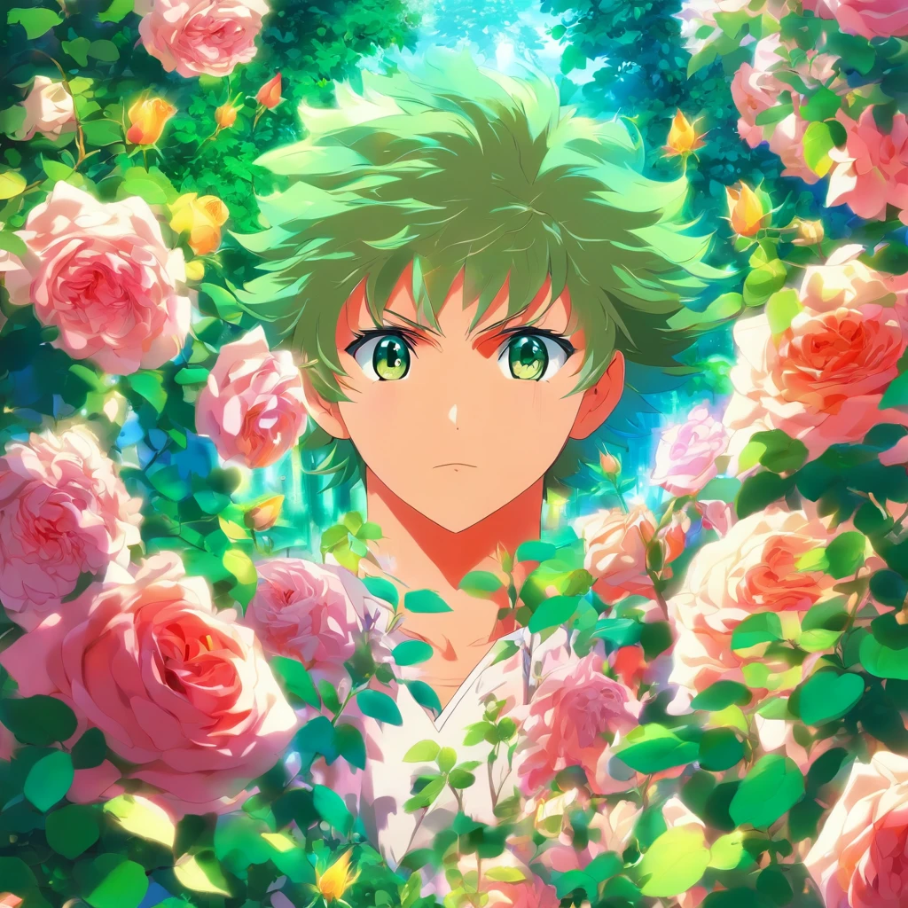 absurdres, highres, ultra detailed, HDR, masterpiece, extremely detailed, Midoriya Izuku, dark green hair, expressive green eyes, Boku No Hero Academia, solo, sexy man, handsome, sensual, close up, water, dark green hero clothes, magical, fantasy, glittering, shining, pink roses, blossoms, petals, in woderland, clock, manly man