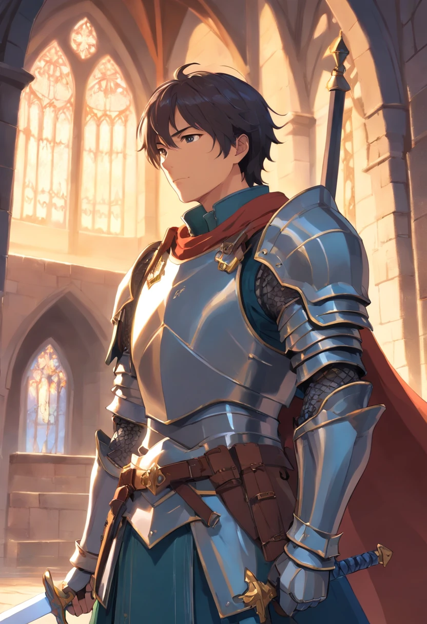 A knight in armor stands in front of the castle, Male paladin, knight wearing plate armor, fantasy paladin man, full portrait of magical knight, fantasy knight, armored knight, arsen lupin as a paladin, Knight in armor, A human male paladin, paladin armor, picture of a male cleric, Male swordsman, portrait of knight,The sword,long sword,Knight's sword,Carrying a long sword on his back who was lying down tired after finishing his war