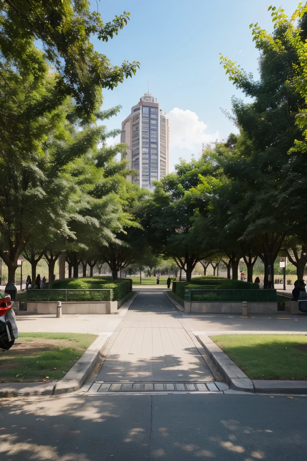 linear park with gastronomic area and public transport stop. 