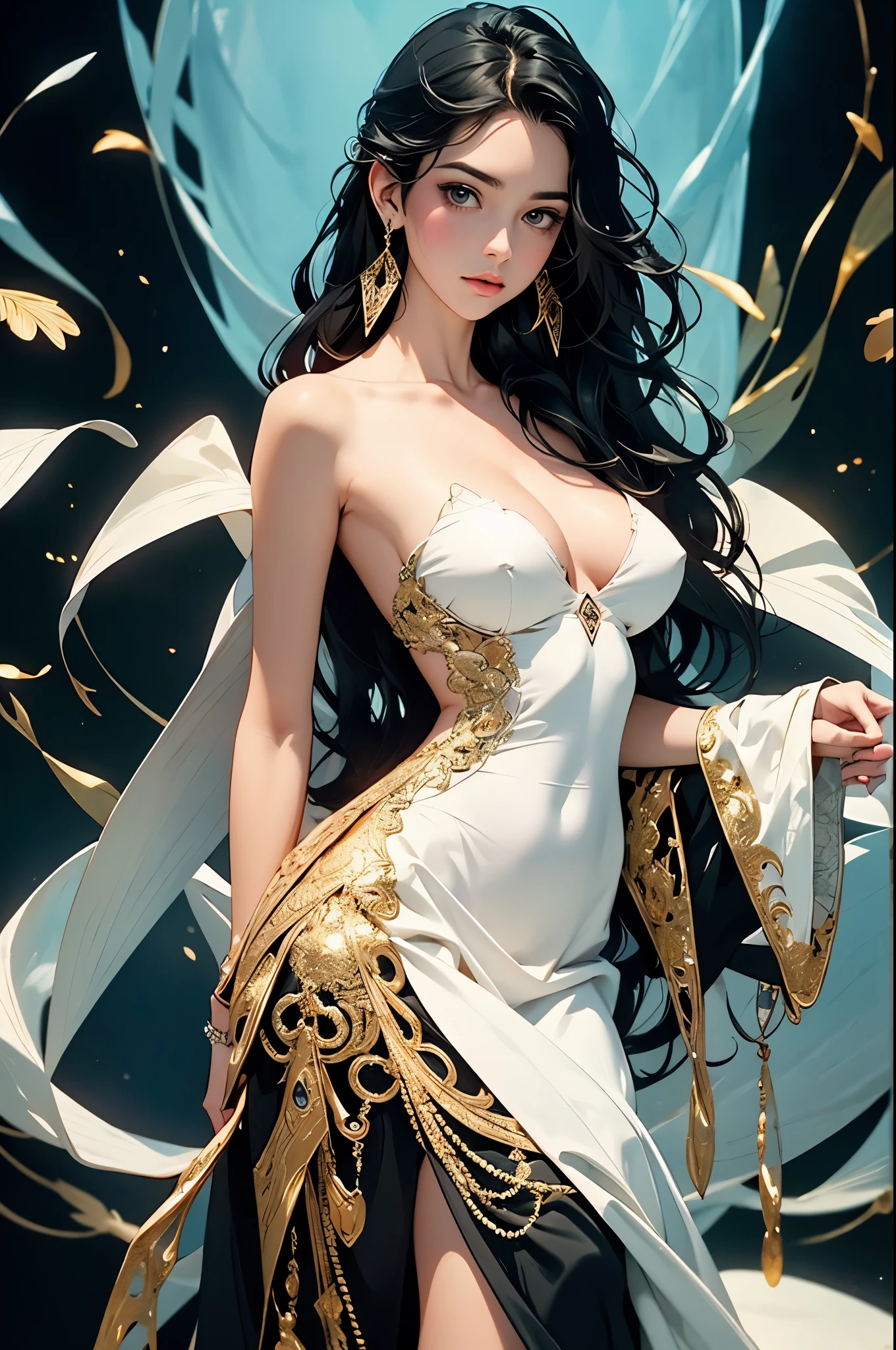 ((best quality)), ((masterpiece)), (detailed), detailed skin, Golden Eyes, Long black hair with thick waves, black silk dress, fluid dynamics, upper body nude, cowboy shot, full body image, big bust, pink nipples, brilliant golden halo, Her attire combines a rich palette of black and gold, Create a gorgeous and timeless look, Surround her with intricate fractal art patterns that come to life, adding a surreal and otherworldly dimension to her pLipsence, creative, tangled, get caught in, High_Lips, (fractal art:1.1), (black diamond), highest detailed, (zentangle:1.2), (dynamic pose), (abstract background:1.3), (earrings:1.4), (Shiny white skin), tiffany blue.