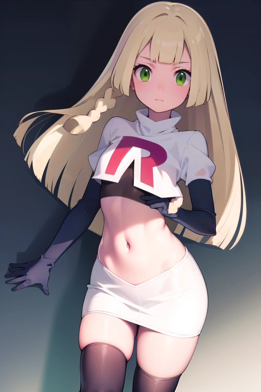 pokemonlilie, pokemonlilie, blonde hair, blunt bangs, (green eyes:1.5), long hair, (small breasts:1.2),
BREAK braid, twin braids, team rocket,team rocket uniform,white skirt,red letter R,crop top,black thigh-highs,black elbow gloves
BREAK looking at viewer,
BREAK (masterpiece:1.2), best quality, high resolution, unity 8k wallpaper, (illustration:0.8), (beautiful detailed eyes:1.6), extremely detailed face, perfect lighting, extremely detailed CG, (perfect hands, perfect anatomy),